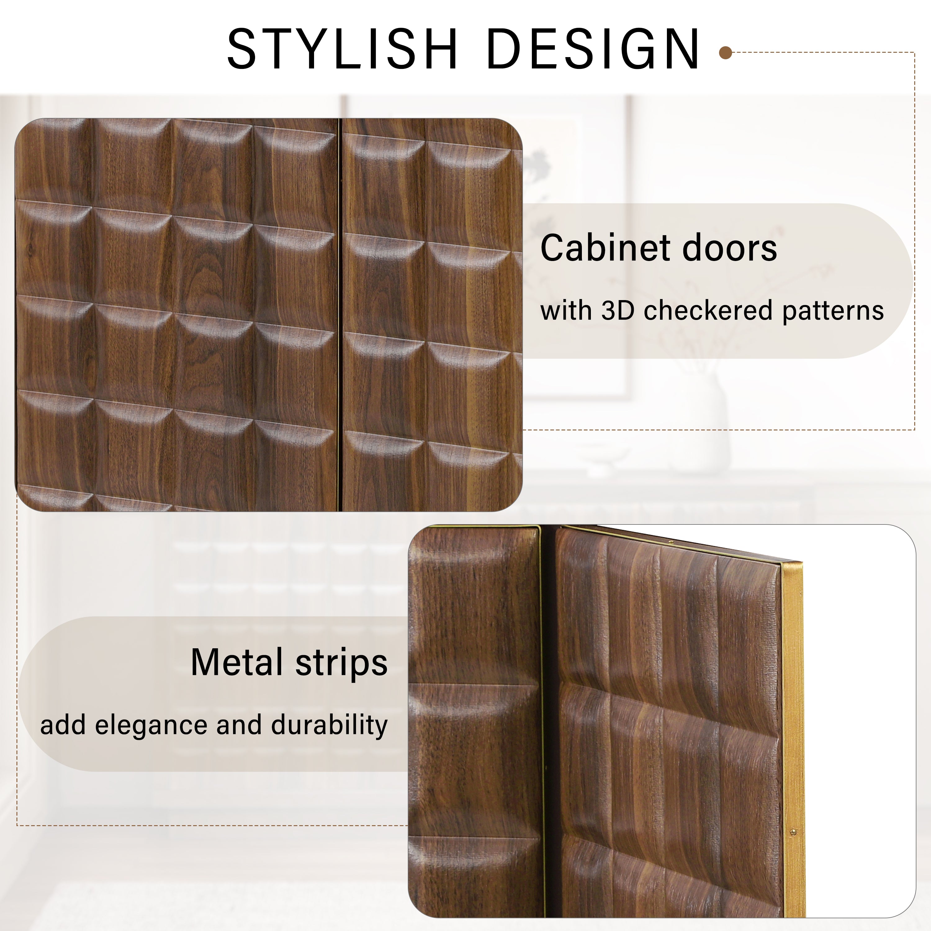 Modern 4-Door Storage Cabinet with 3D Geometric Doors & Metal Trim
