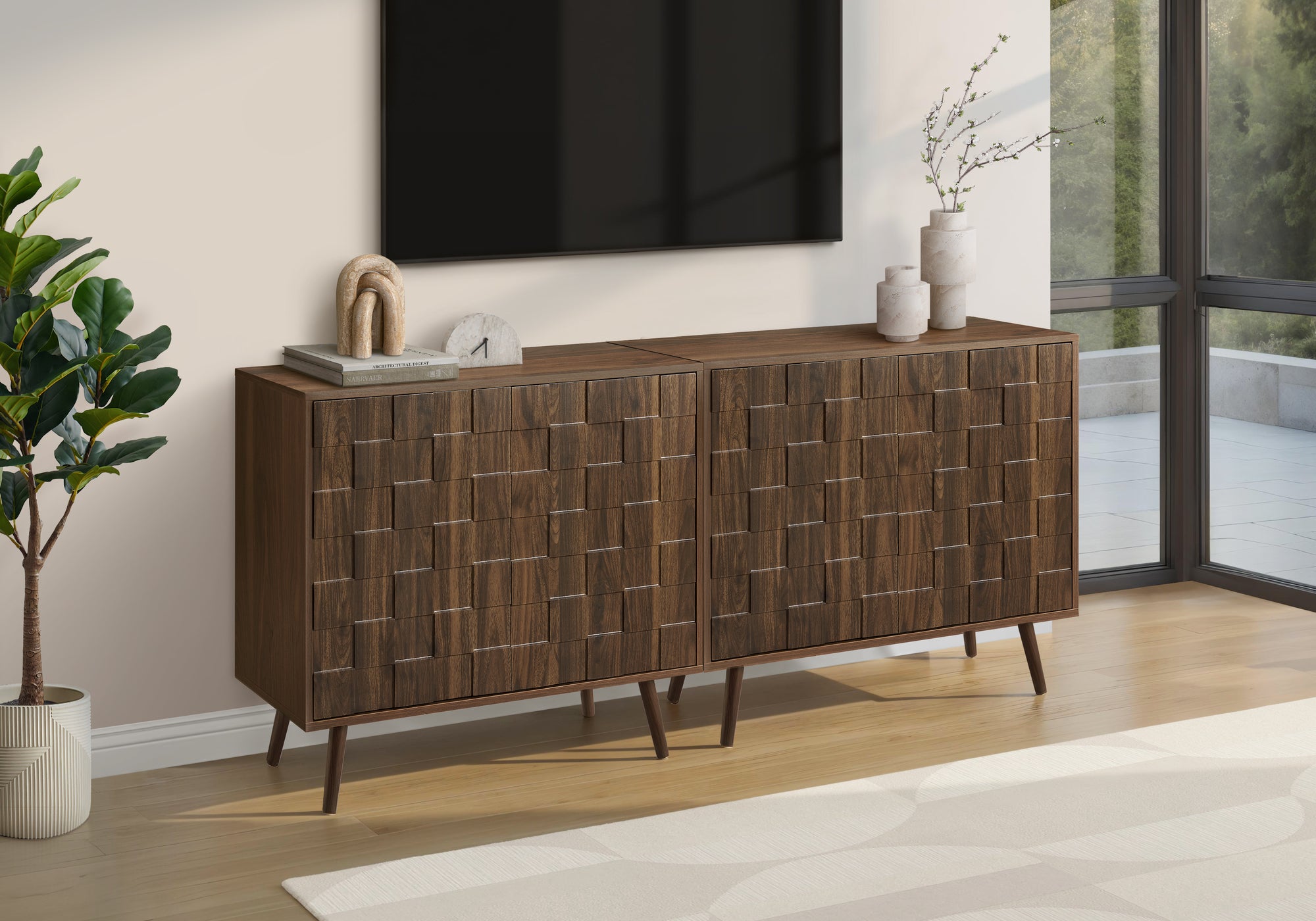 Mid Century Transitional Storage Cabinet in Dark Walnut Laminate with Adjustable Shelf and Solid Wood Legs