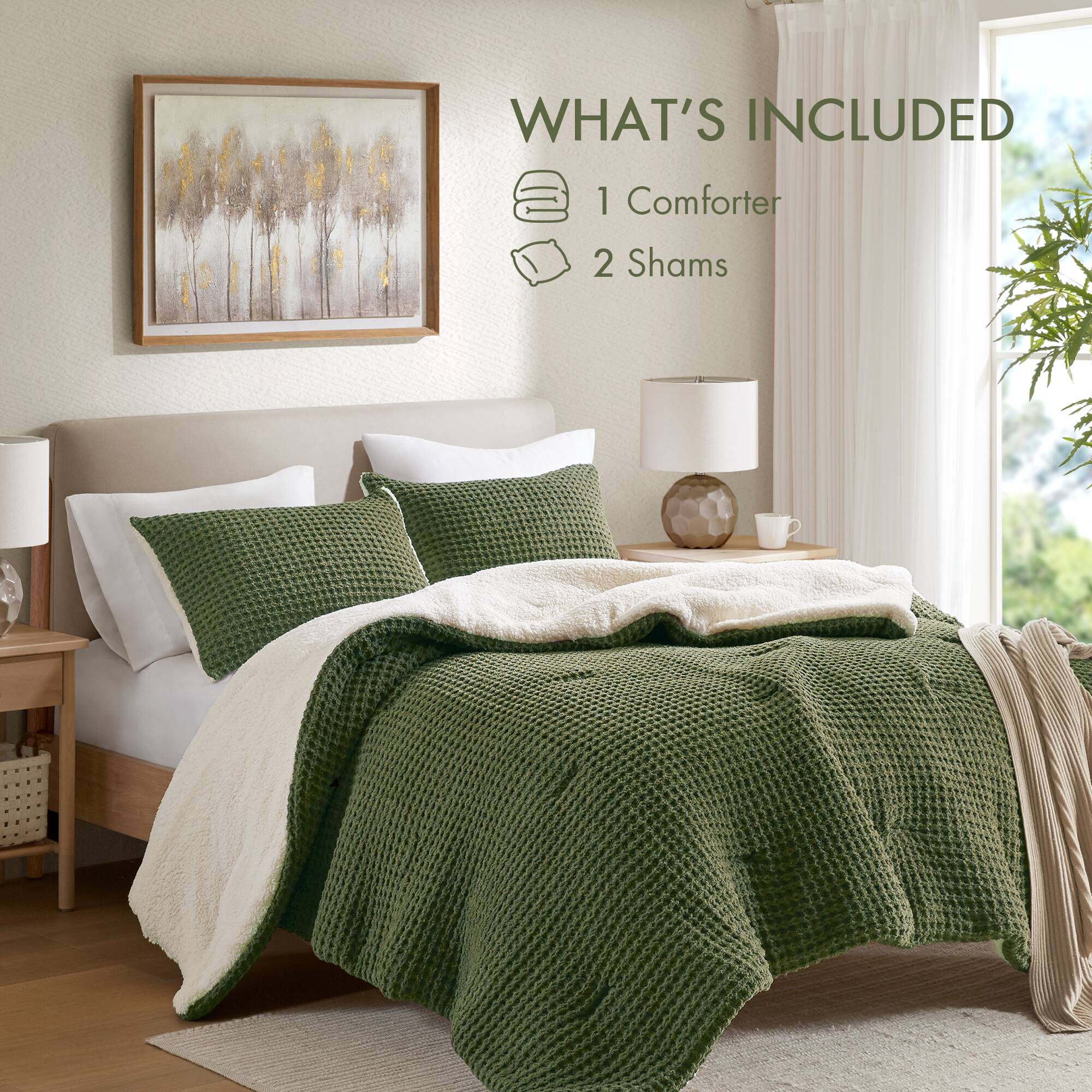 2 Piece Olive Waffle Knit Chenille Comforter Set