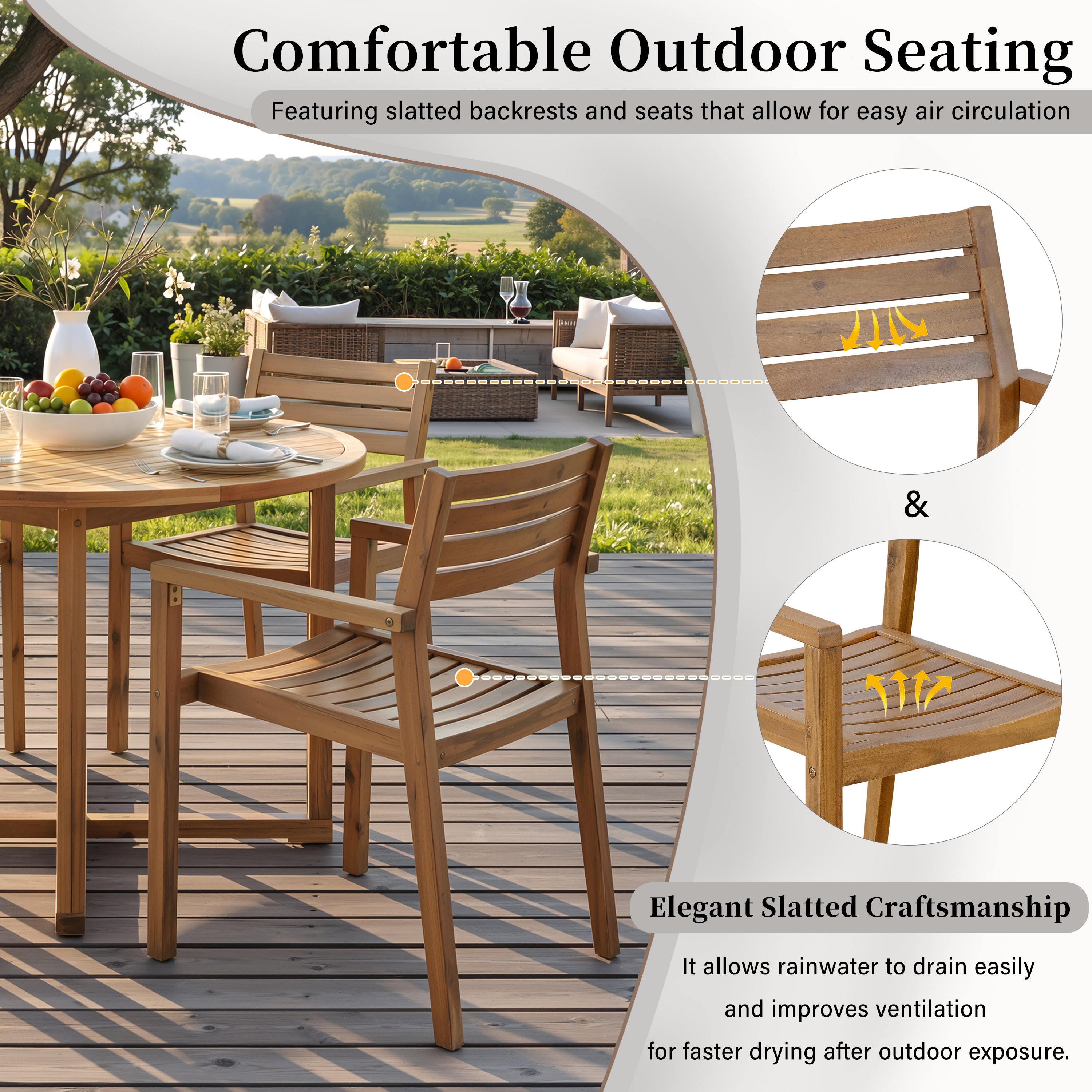 5-Piece Outdoor Dining Set with 4 Acacia Wood Chairs, 47.2" Round Dining Table with Slatted Design