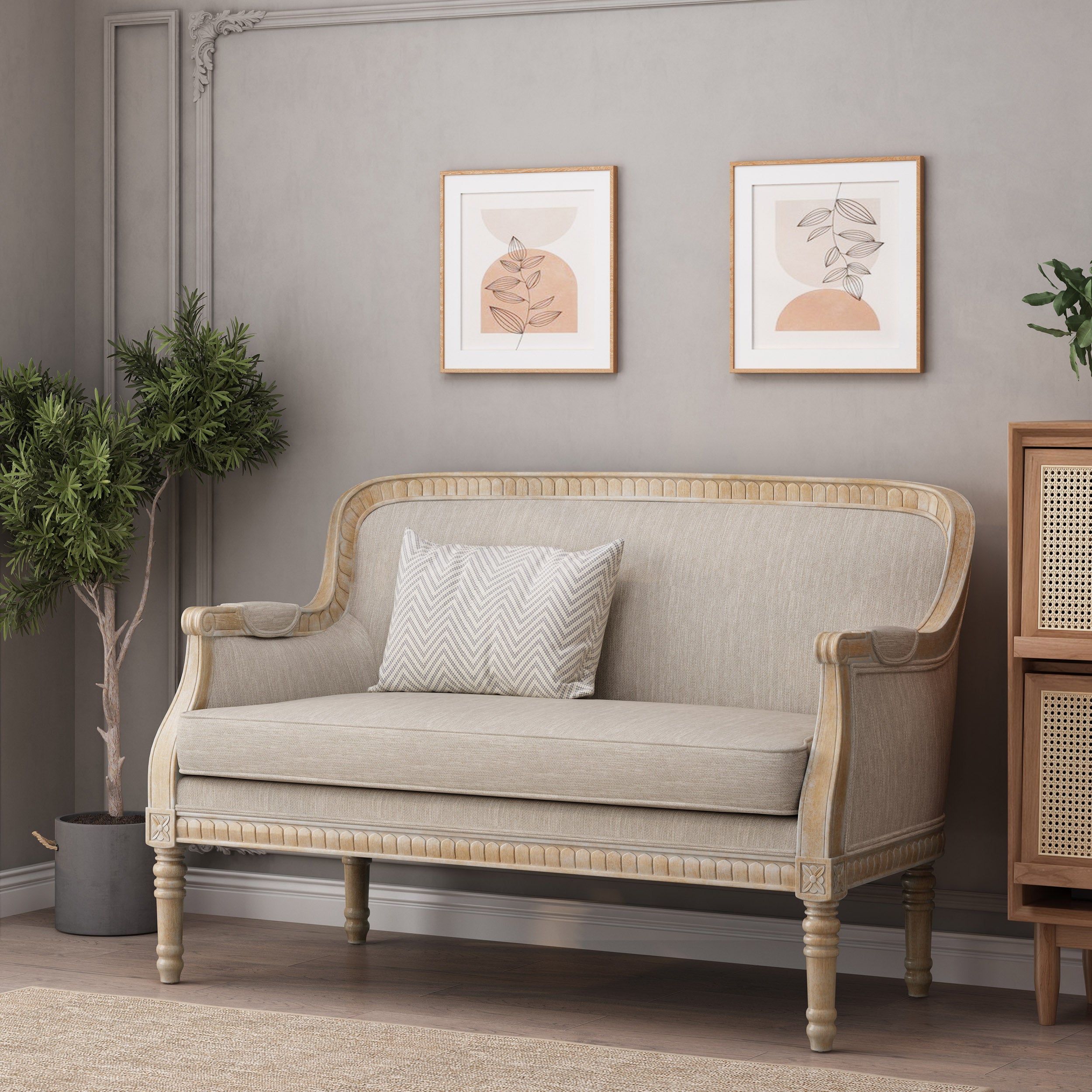 Upholstered Loveseat with Turned Legs and Recessed Arms