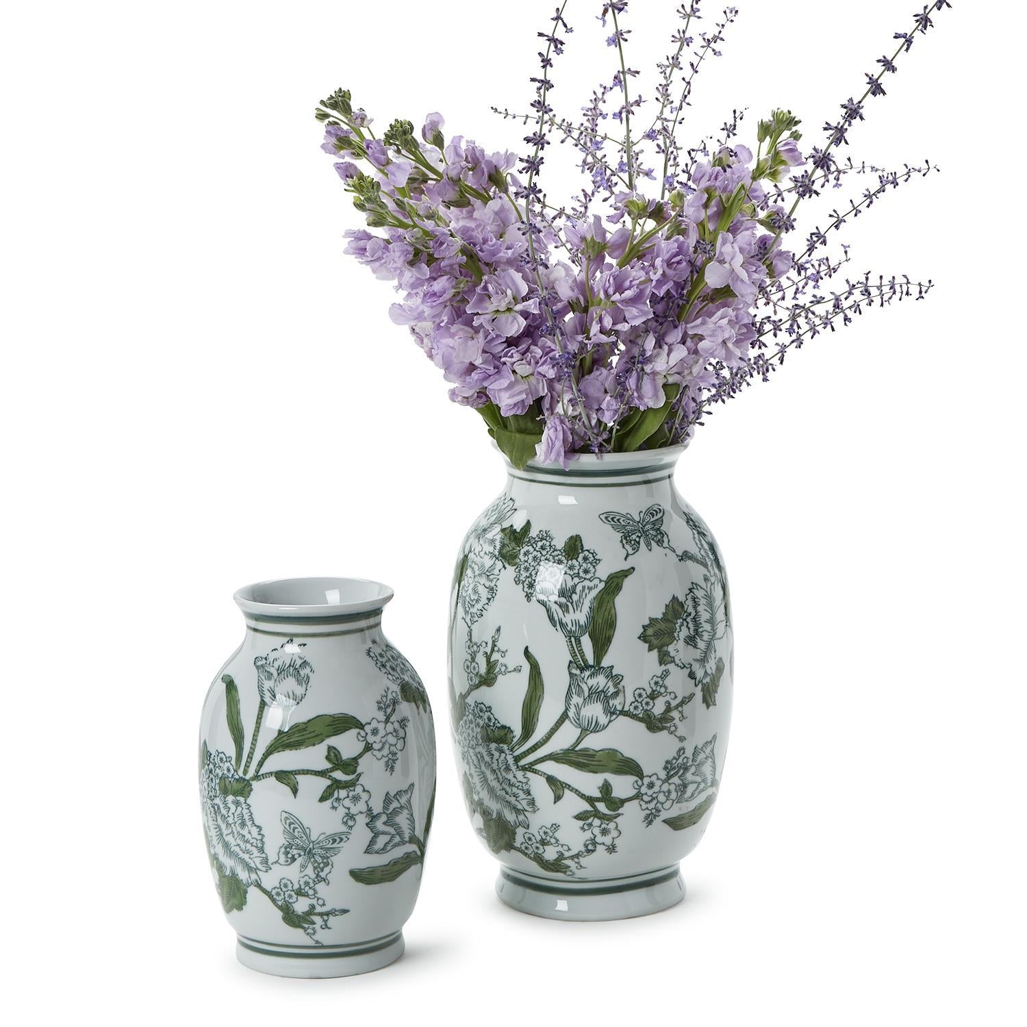 Primrose and Lotus Green and White Chinoiserie Vases, Set of 2