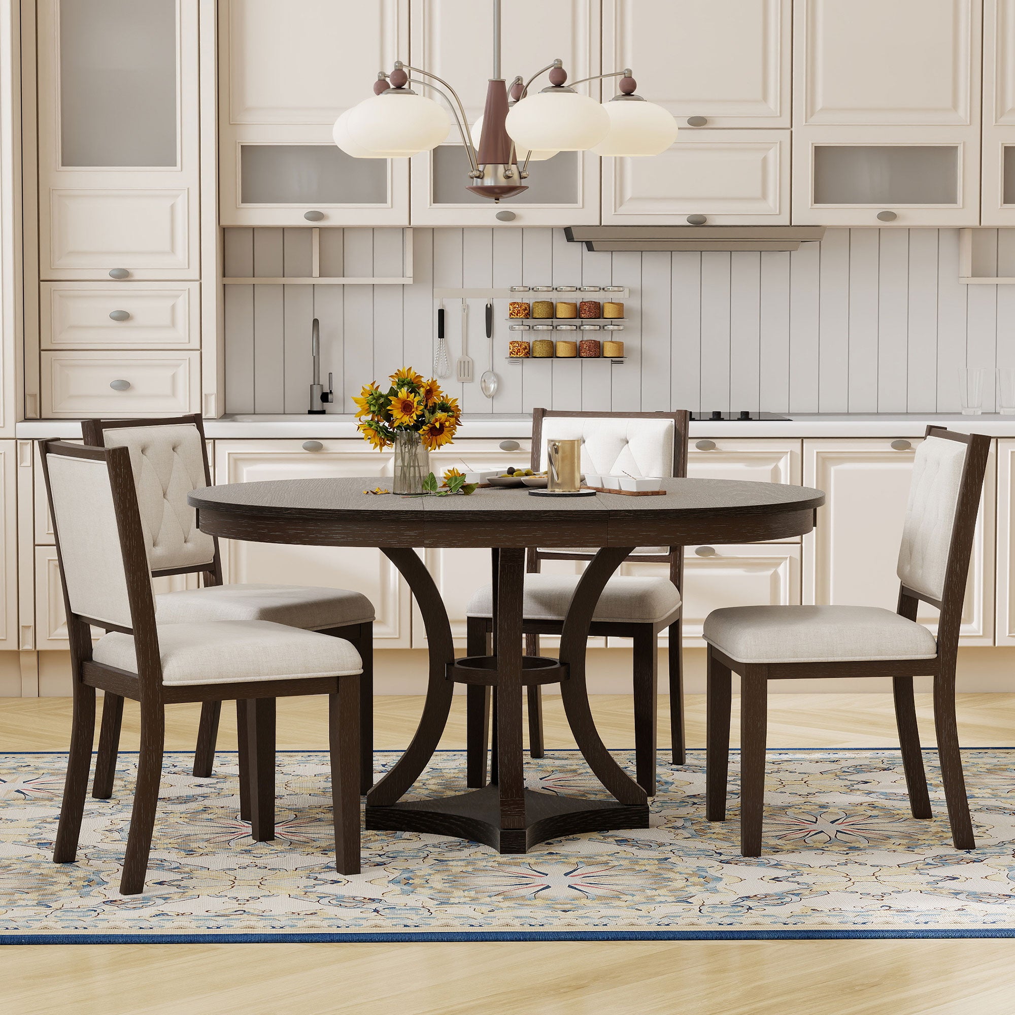 Retro Round Dining Table Set with Extendable Round Table and 4 Upholstered Chairs