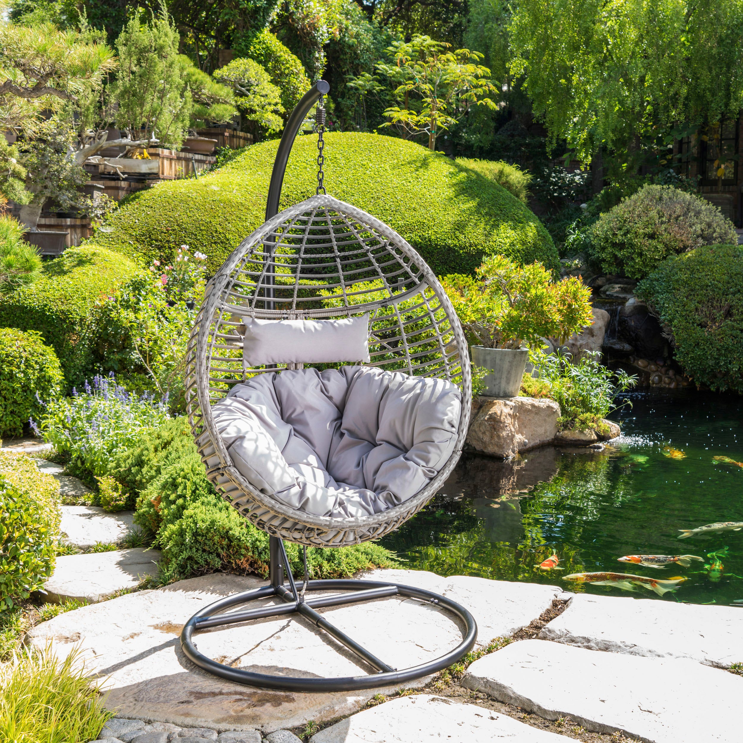 Liberation Outdoor Hanging Basket Chair with Metal Frame and Seat Cushion