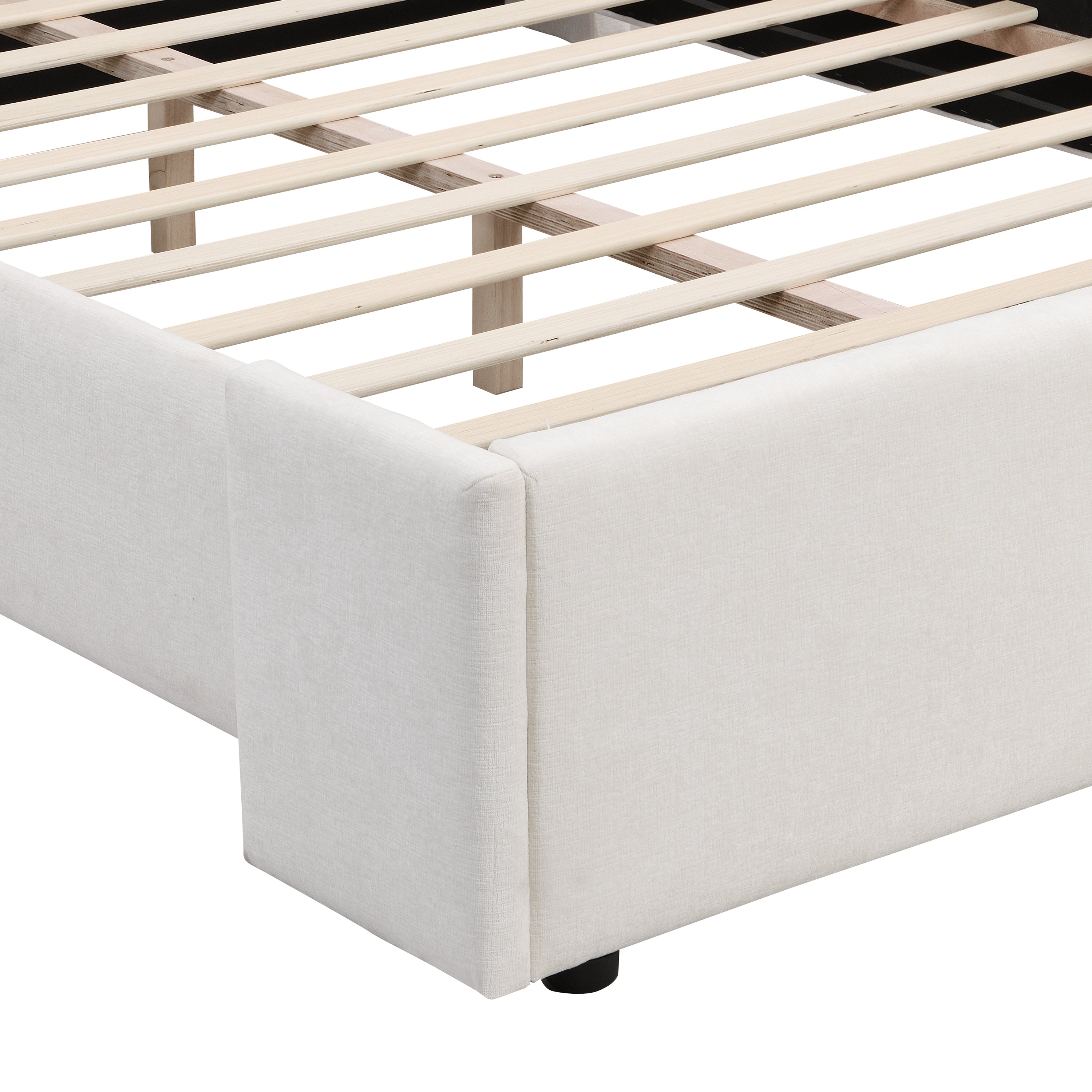 Elegant White Fabric Upholstered Bed with Tall Headboard