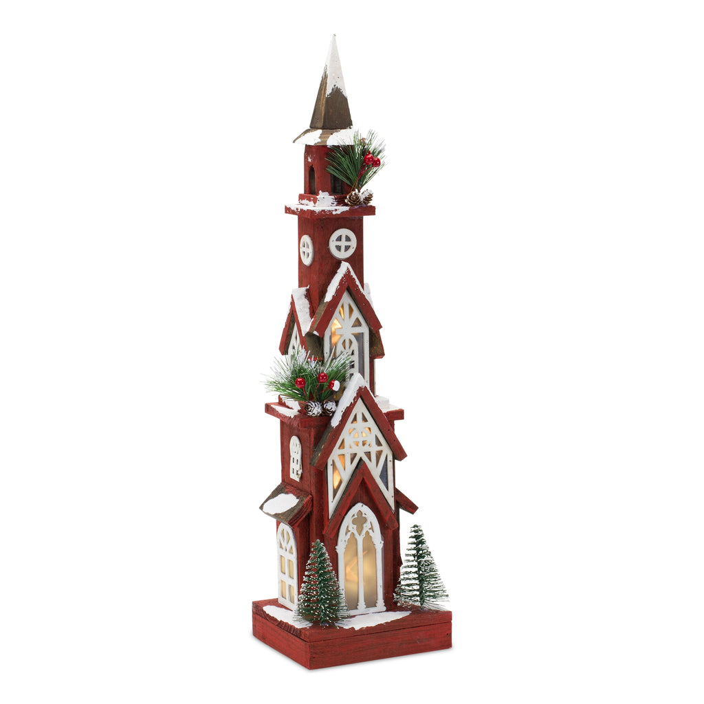 Lighted Winter Church Display with Pine Accents and Snowy Finish 19"