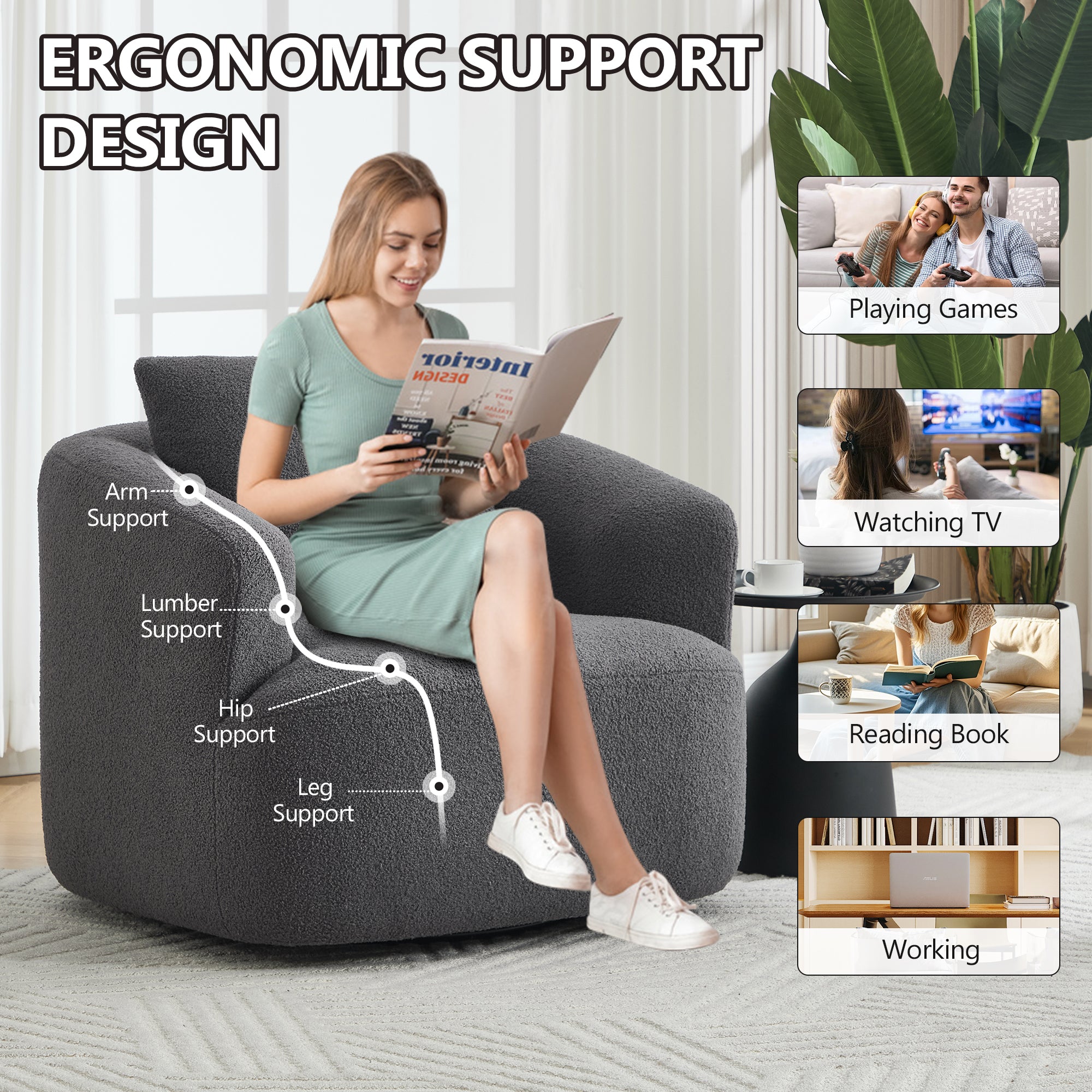Teddy Fleece 360° Swivel Round Upholstered Comfy Accent Chair With Pillow