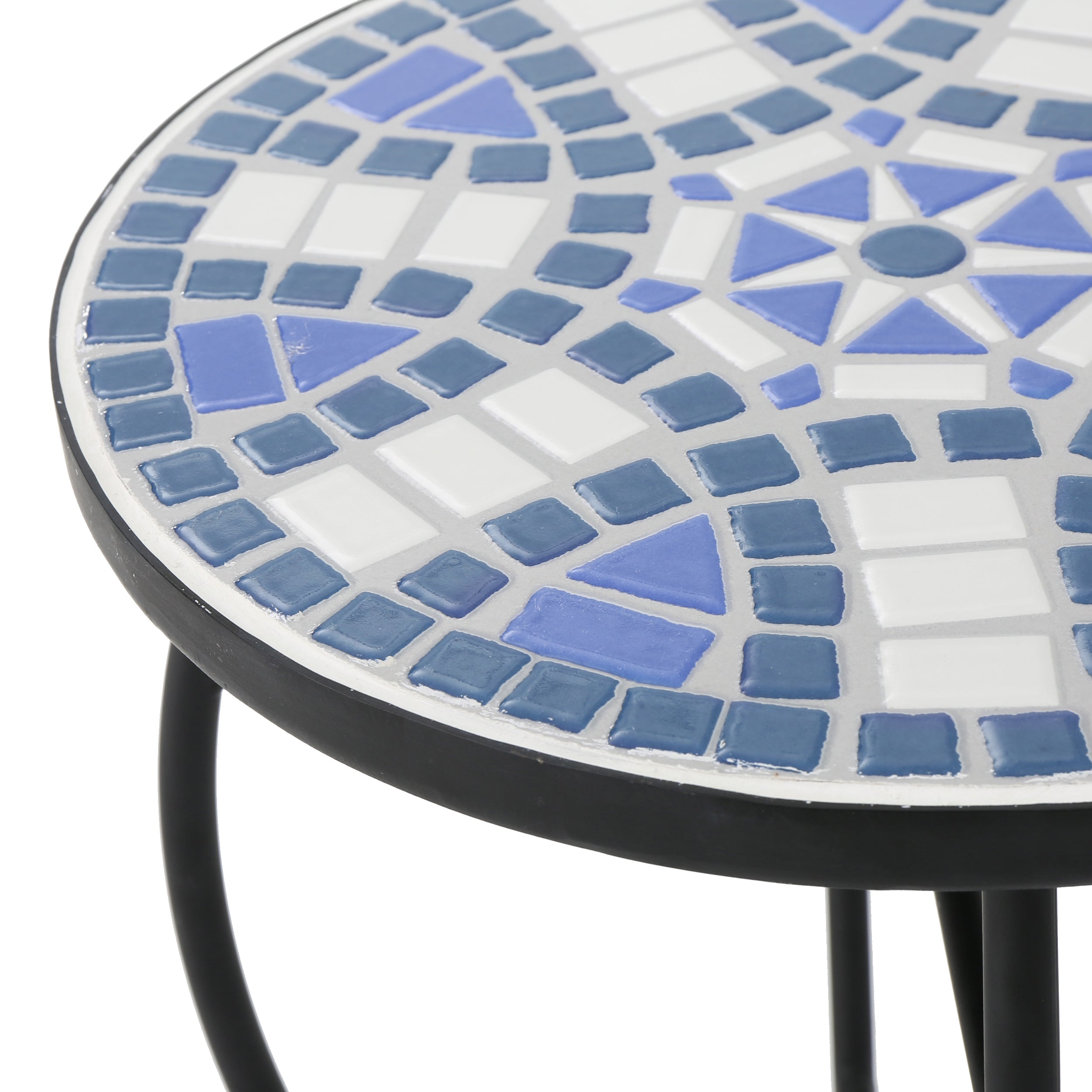 Outdoor Round End Table with Mosaic-Style Top and Curved Iron Legs