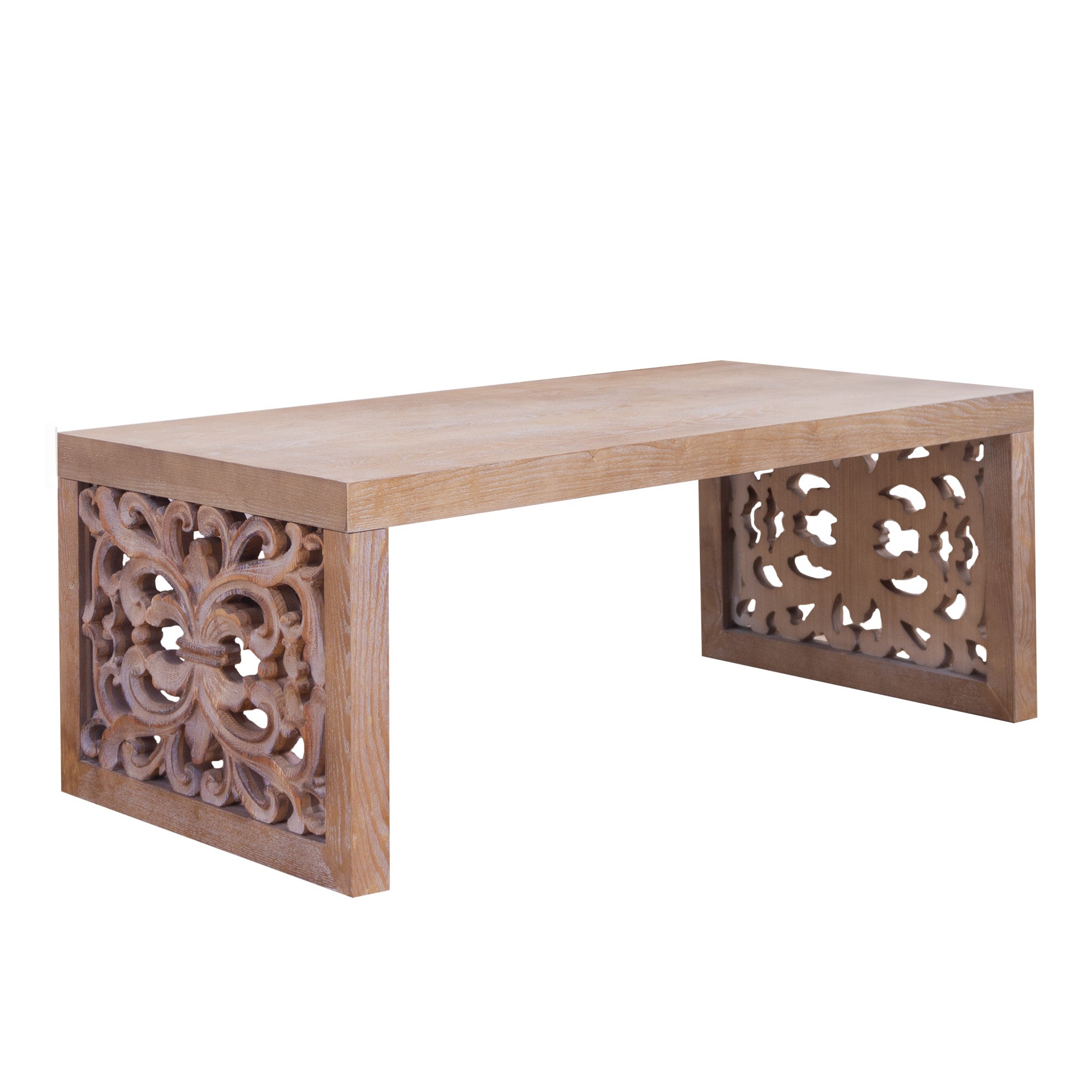 Handcrafted Rustic Wood Coffee Table with Ornate Side Panels