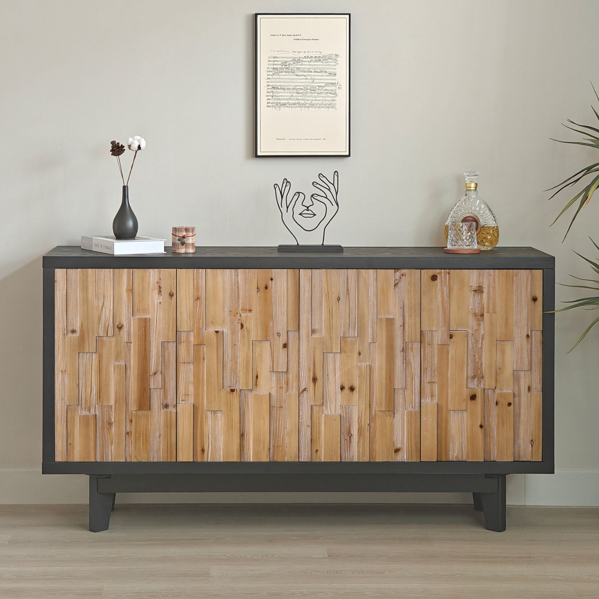 Wooden 4-Door Storage Cabinet with Textured Geometric Design