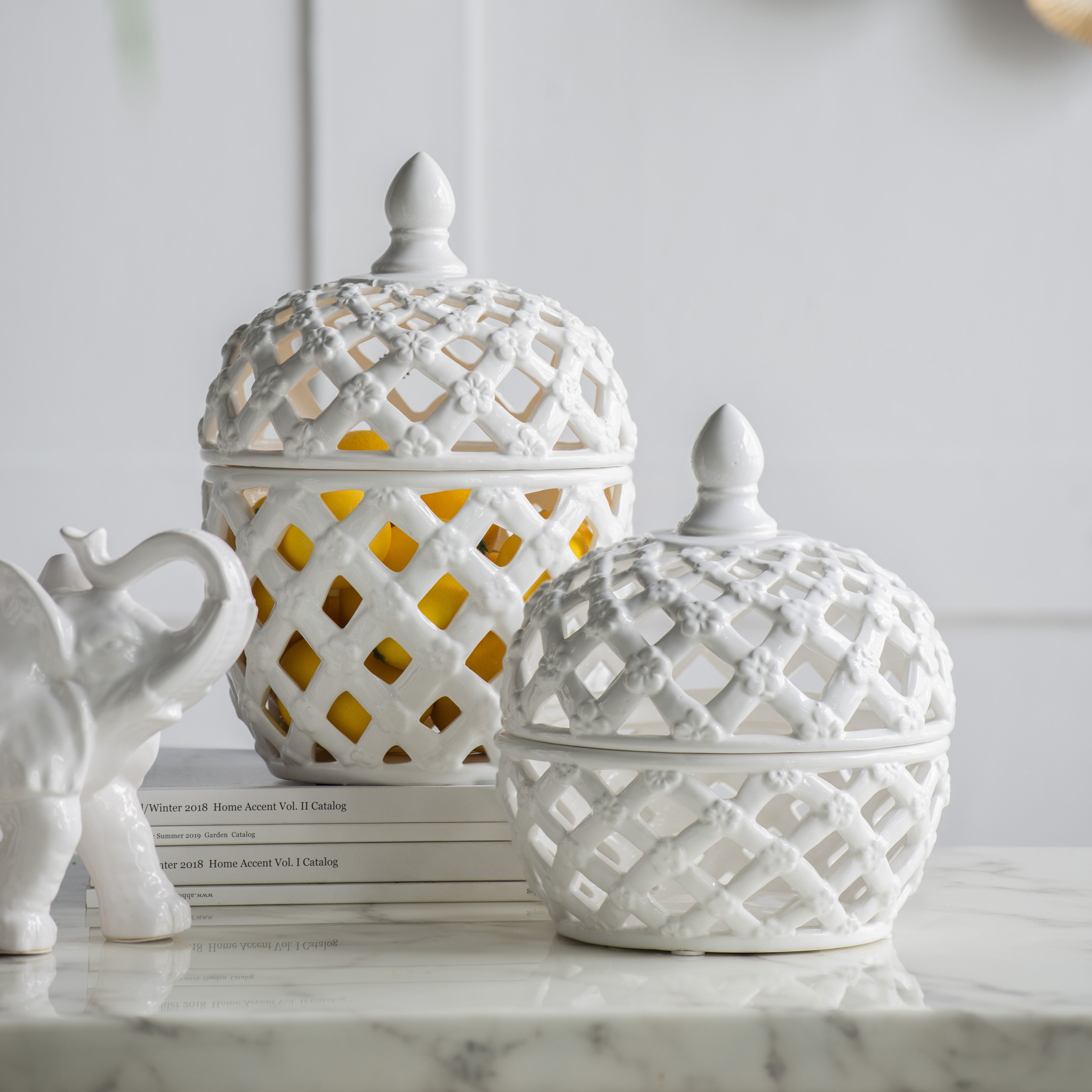 Brackets Ceramic Lidded Jar with Lattice Design and Tiny Flower Pattern