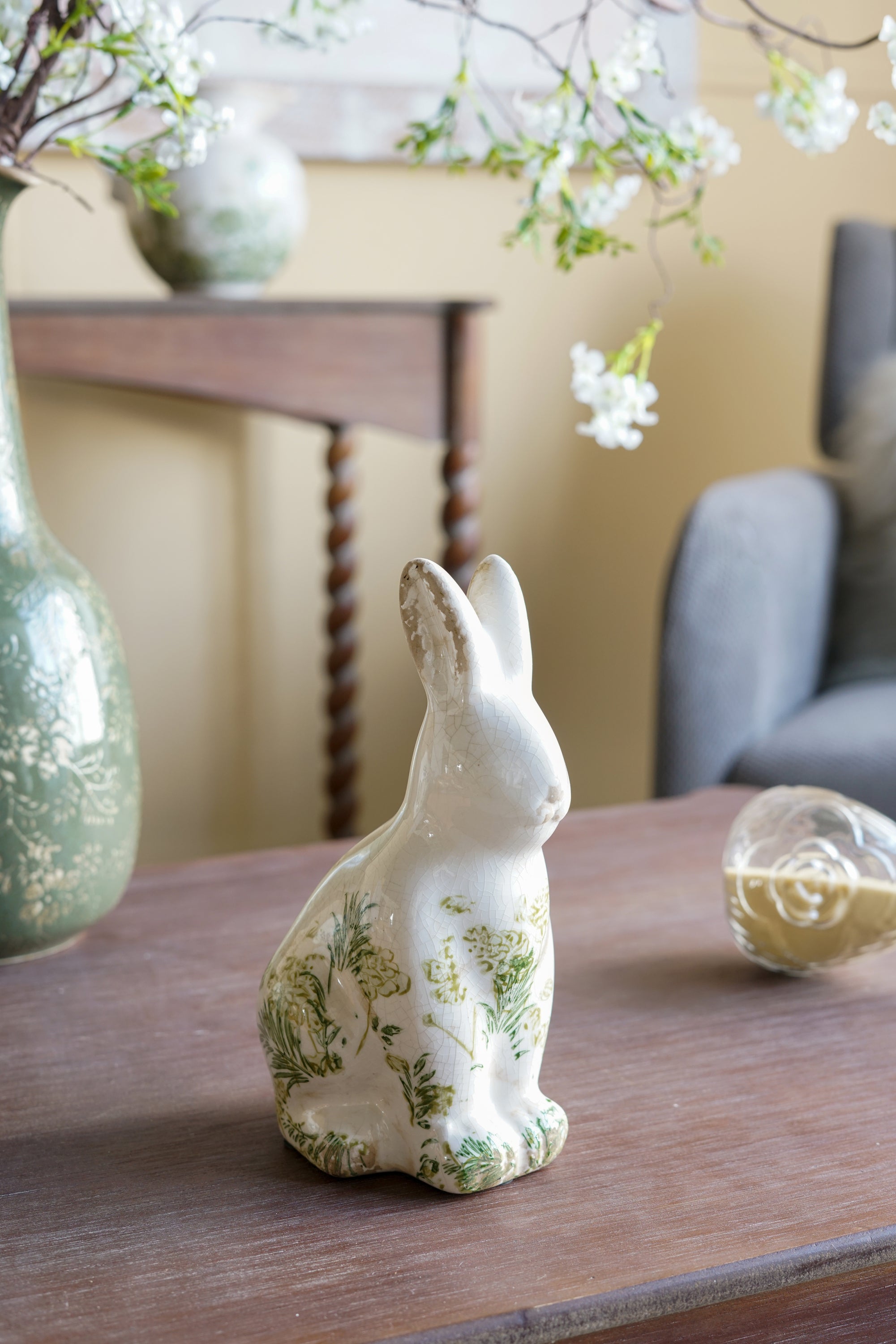 Green Floral Ceramic Bunny