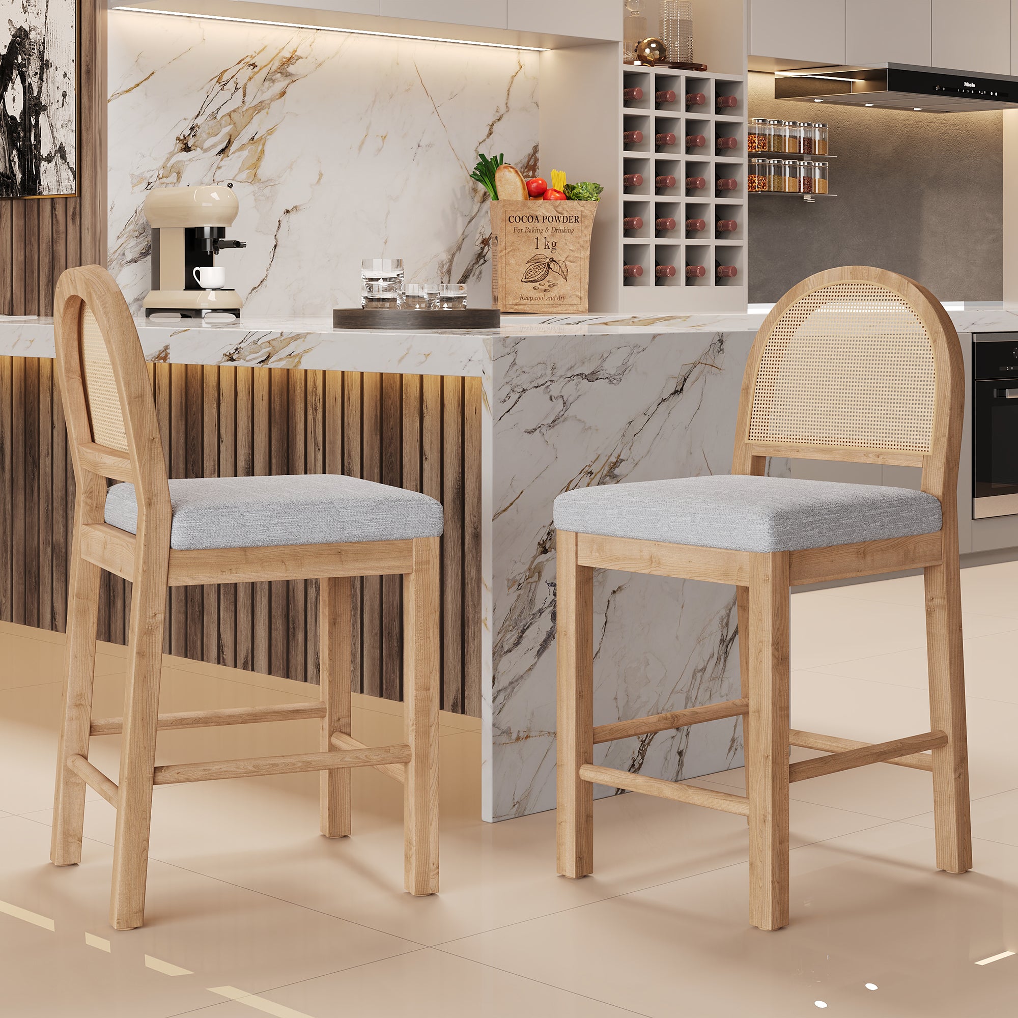Upholstered Counter Stool with Arched Rattan Back 24.5", Set of 2