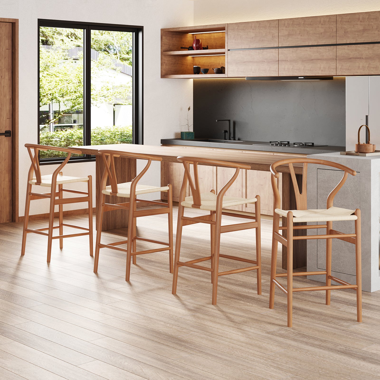 Wishbone Counter Height Barstool with Woven Seat