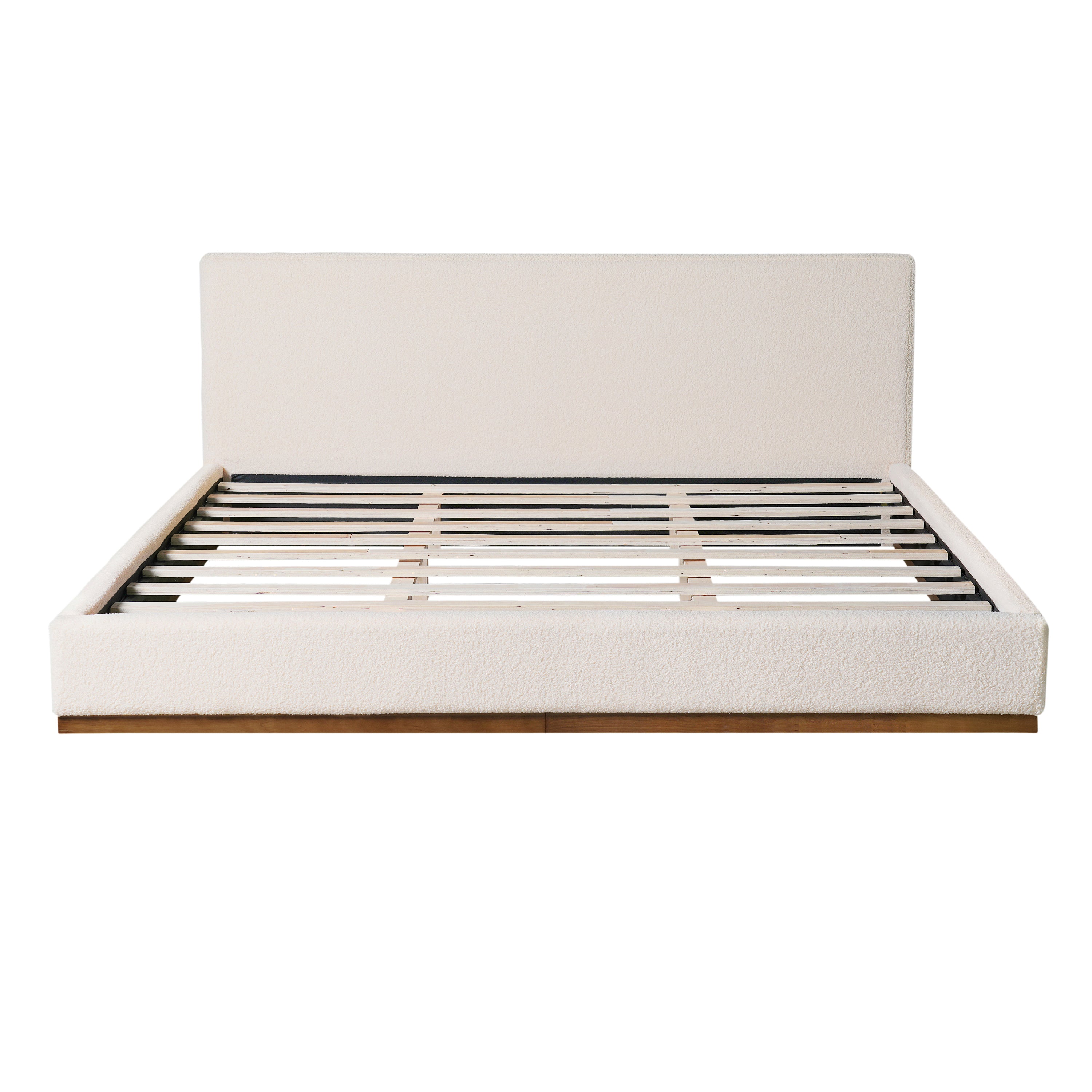 Elegant White Fabric Upholstered Bed With Nice Wood Grain Textured Solid Wood Base Frame