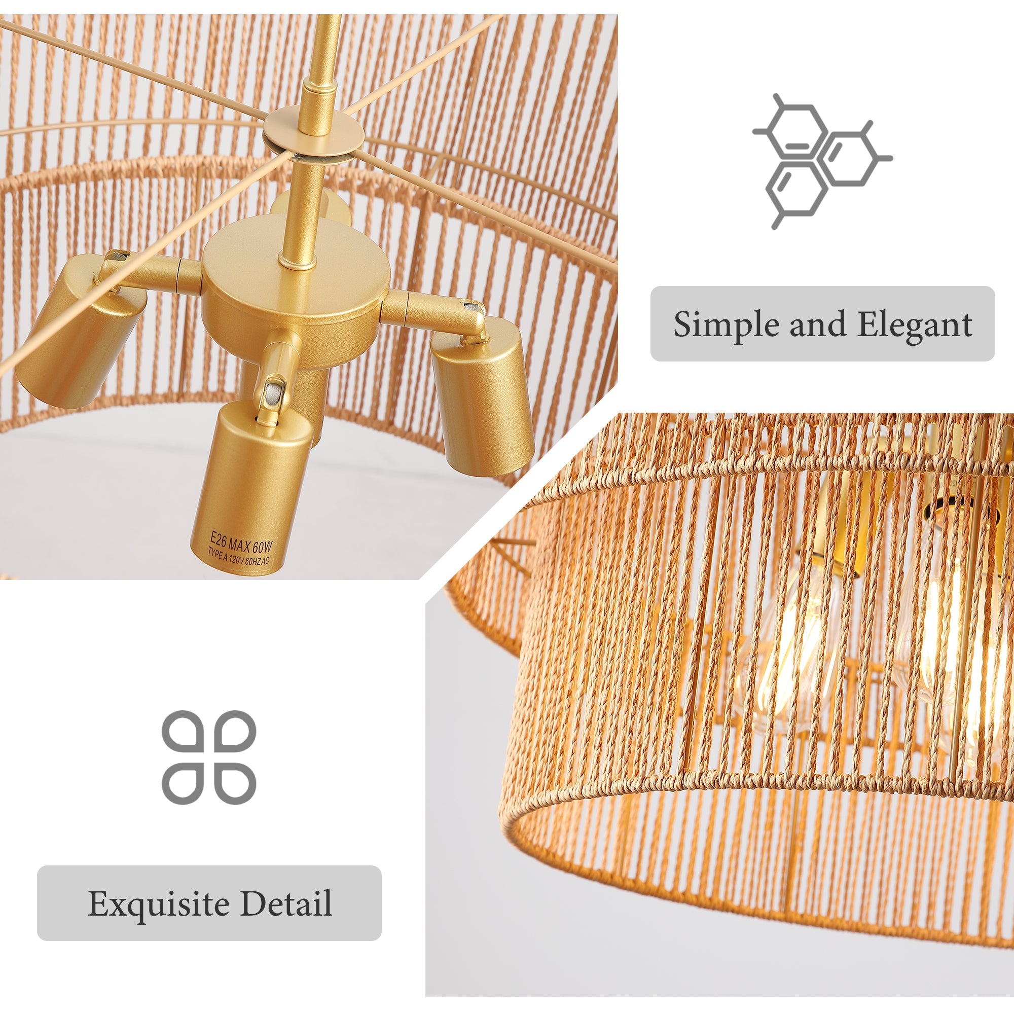 Handwoven Rattan Chandelier, 2-Tier Boho Wabi-Sabi Pendant Light