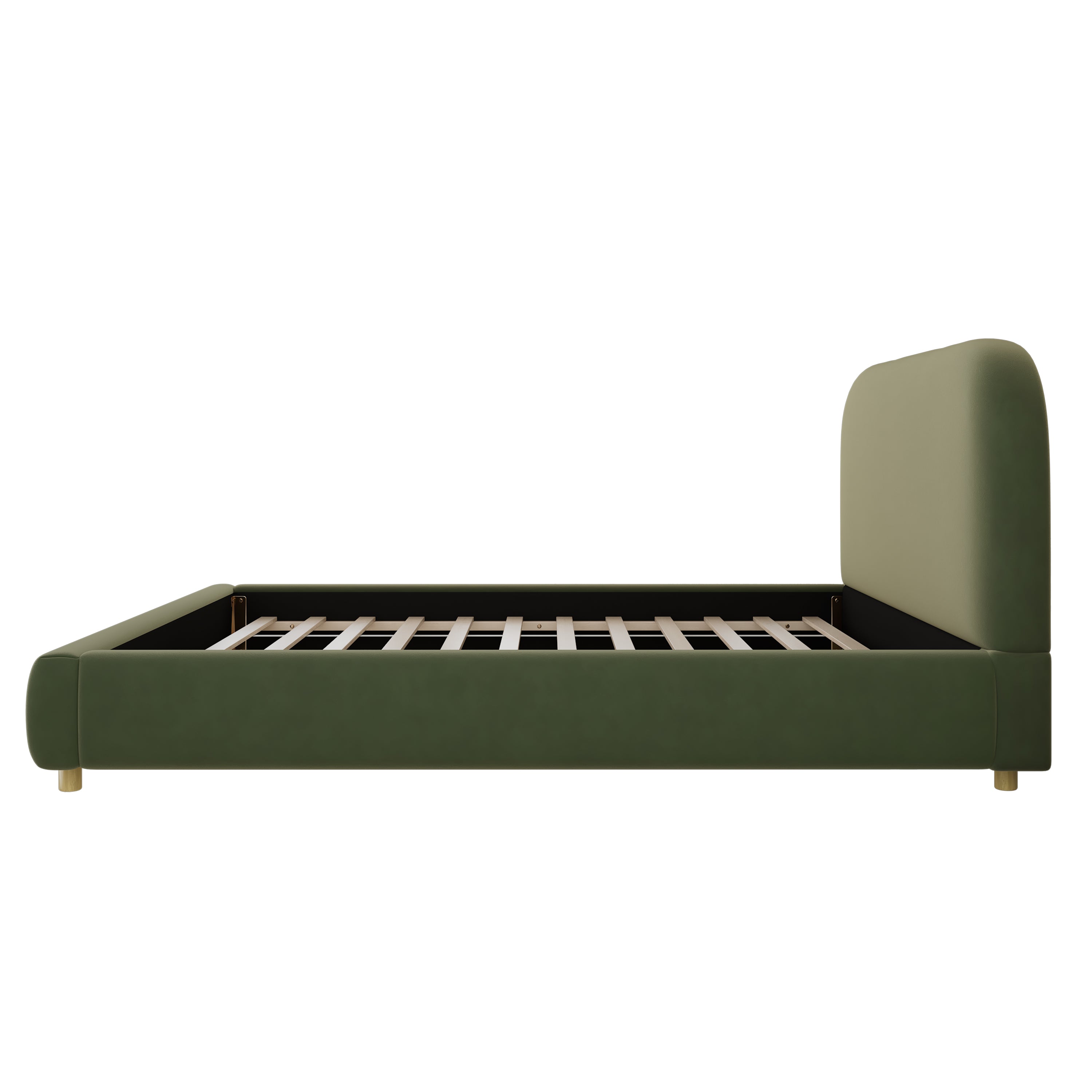 Olive Green Velvet Upholstered Platform Bed with Curve-Shaped Design Headboard