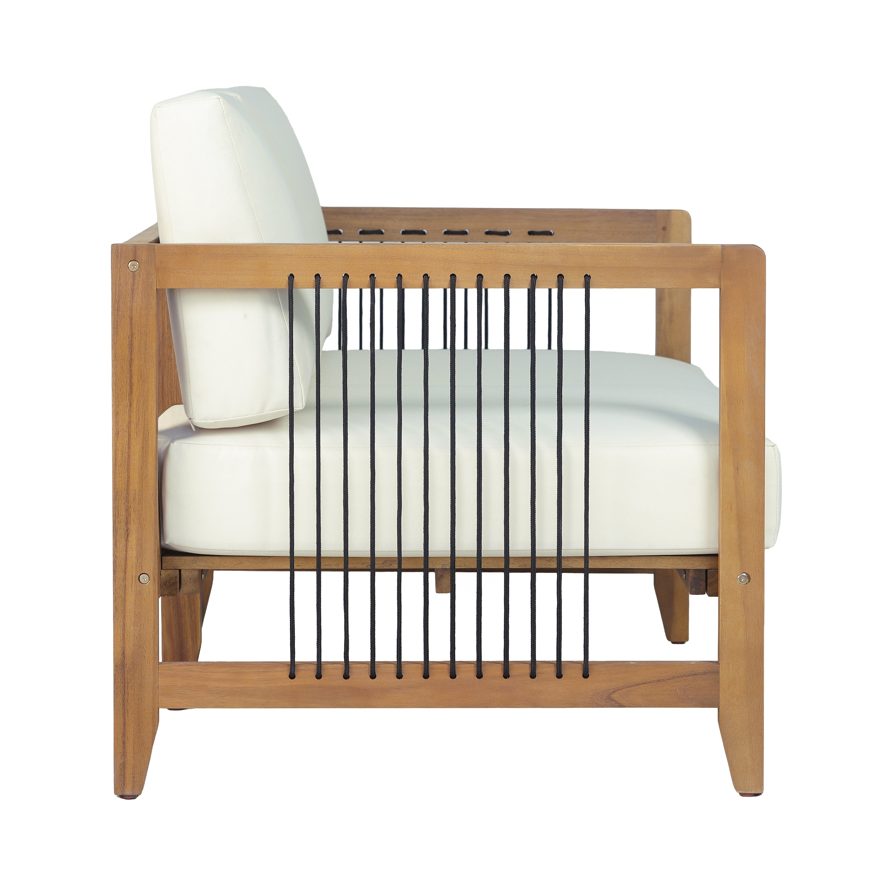 Sierra Acacia Wood Outdoor Loveseat with Handwoven Rope, Patio 2-Seater Sofa with Removable Cushions