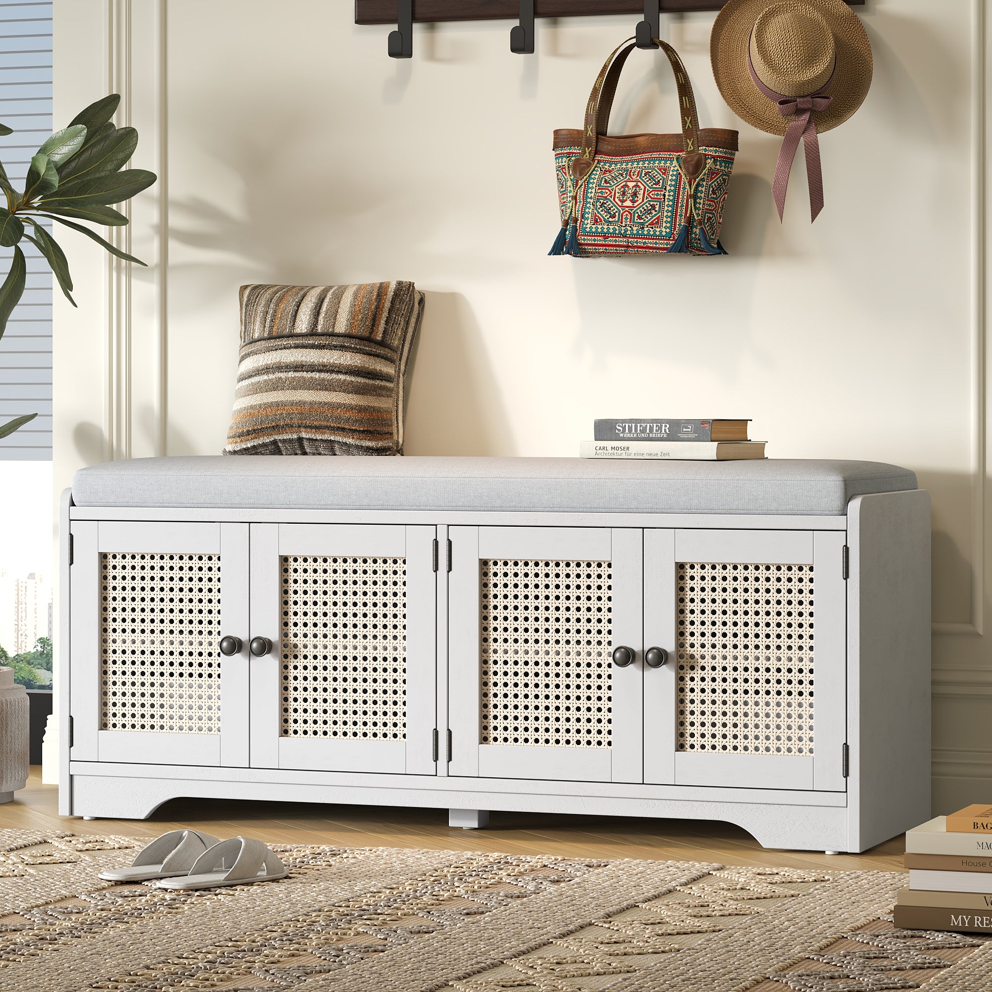 Storage Bench with Rattan Doors