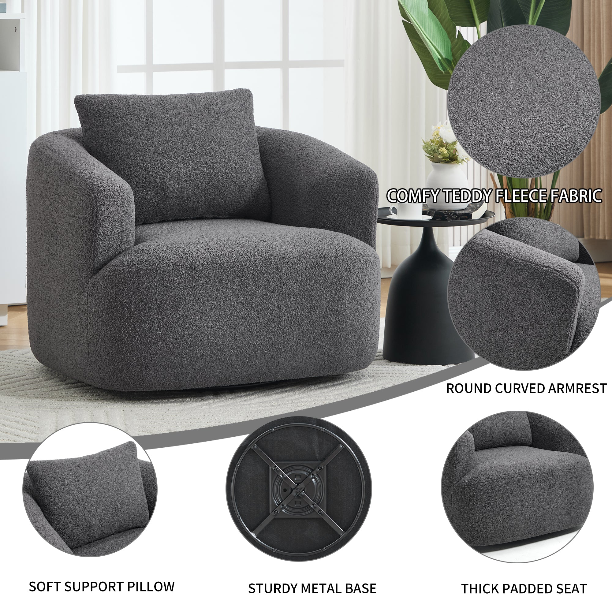 Teddy Fleece 360° Swivel Round Upholstered Comfy Accent Chair With Pillow
