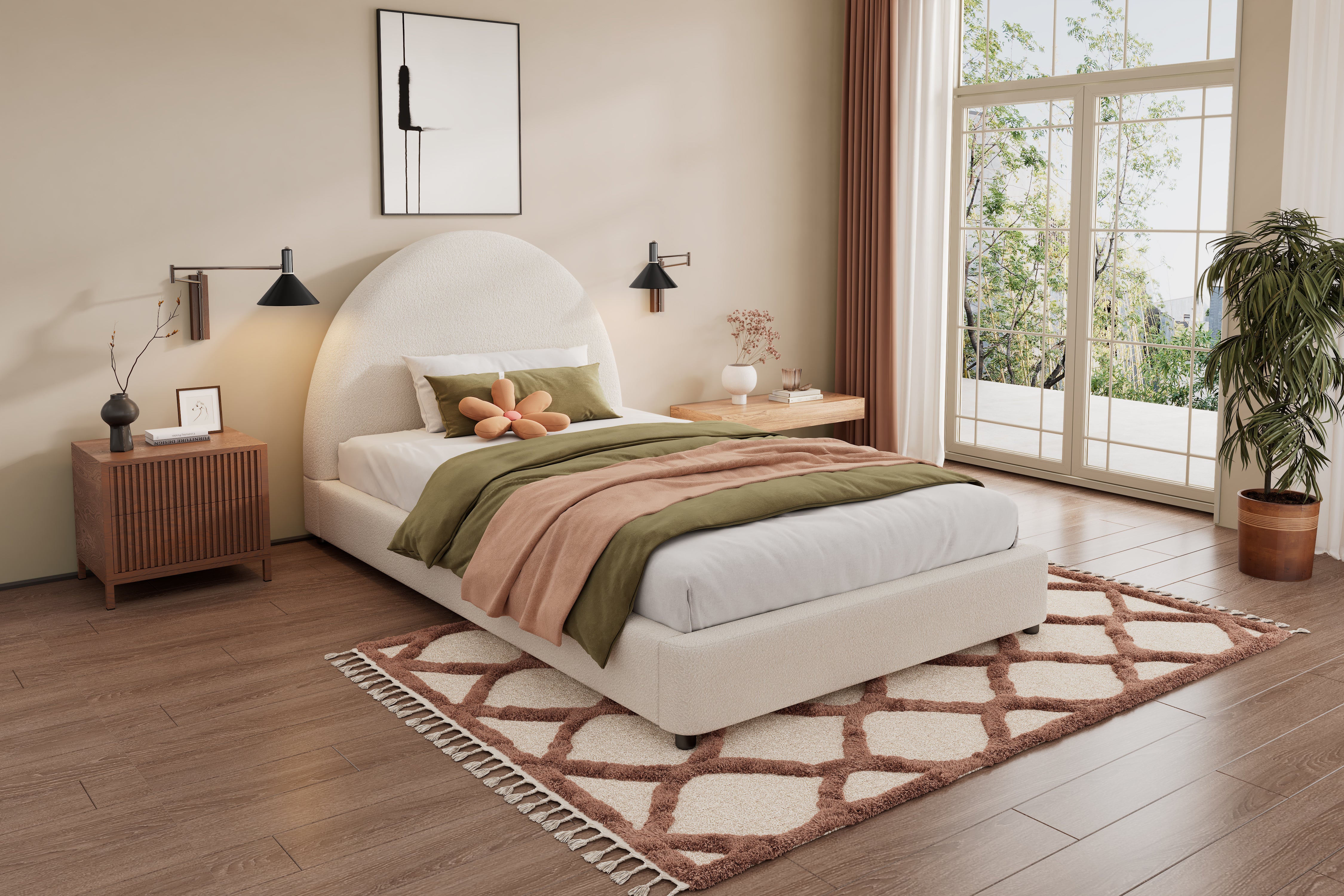 Bed Frame With Boucle Upholstered Round Curved Headboard
