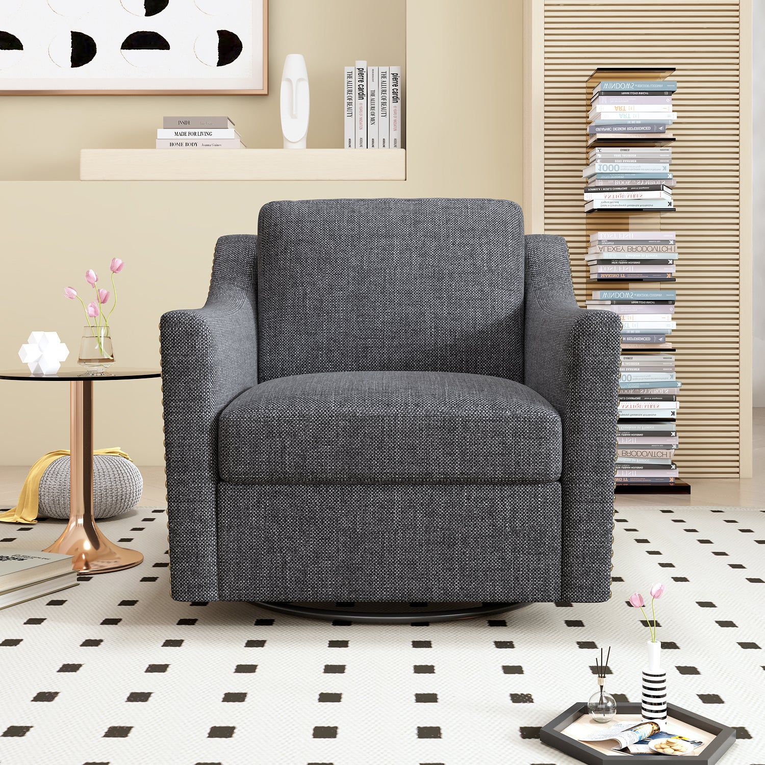 Teddy Fleece 360° Swivel Round Upholstered Comfy Accent Chair With Pillow