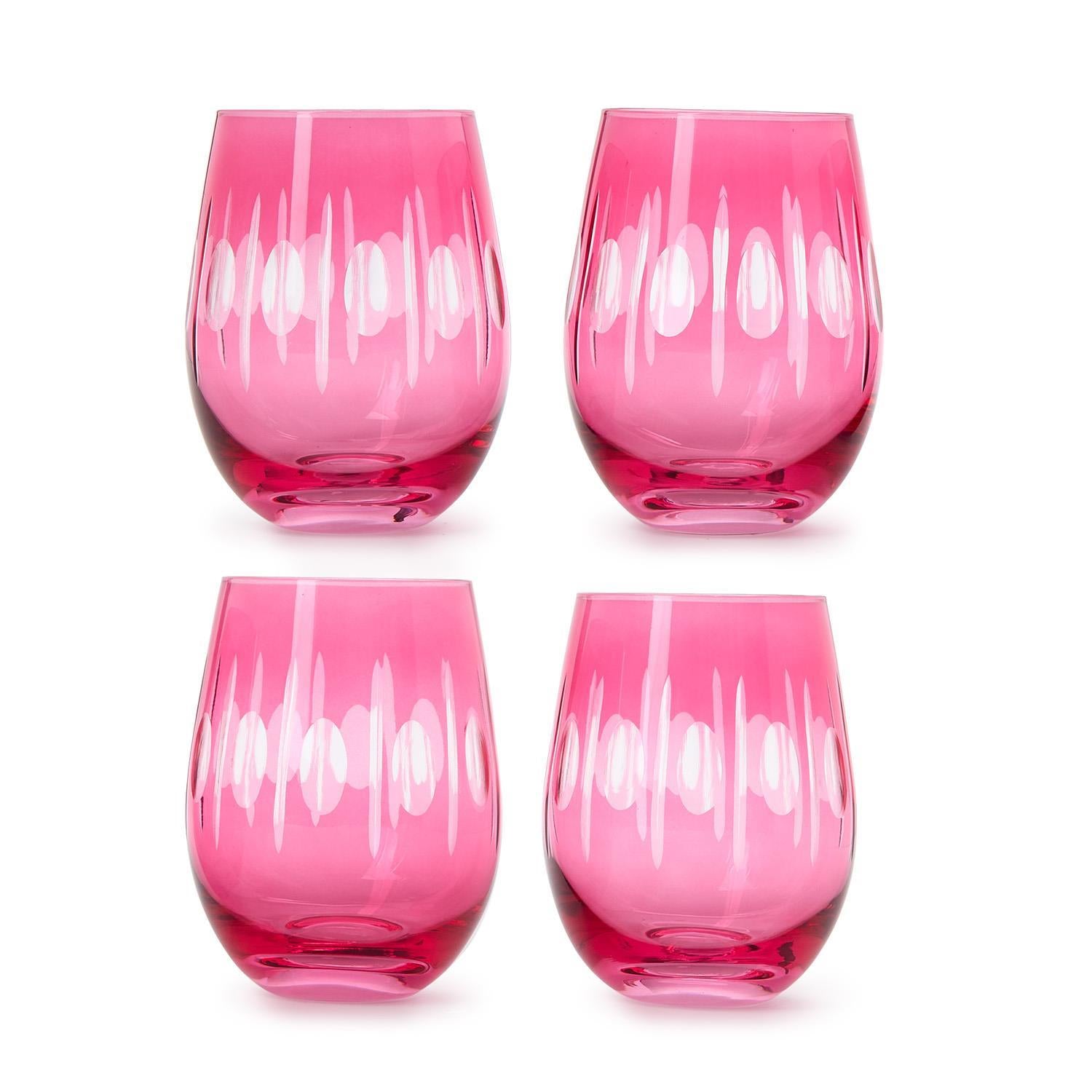 Sparkling Cut Pink Hand Engraved Stemless Wine Glasses, Set of 4
