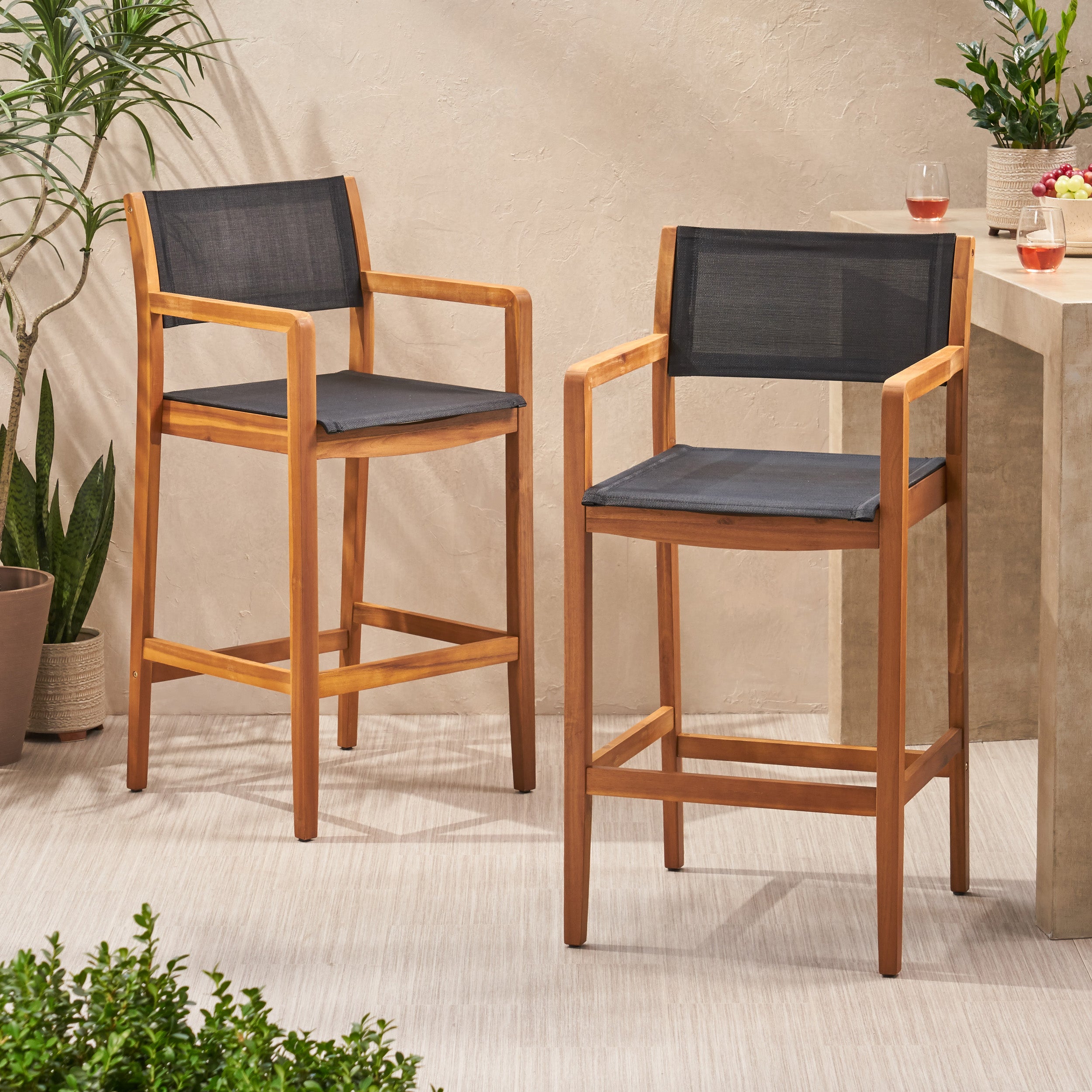 Santana Outdoor Acacia Wood Barstools With Outdoor Mesh, Set of 2