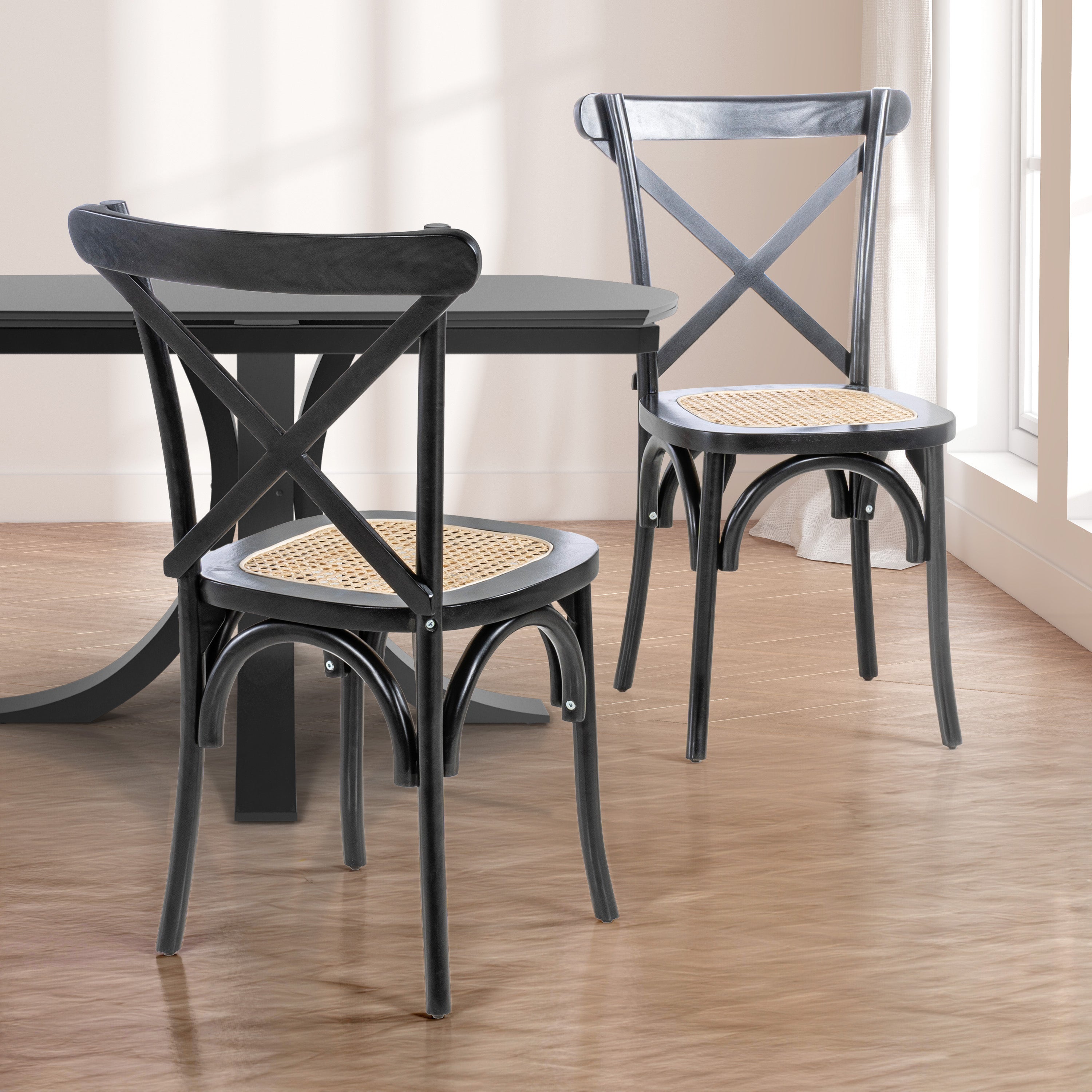 Cassis X-Back Wood Rattan Dining Chair, Set of 2
