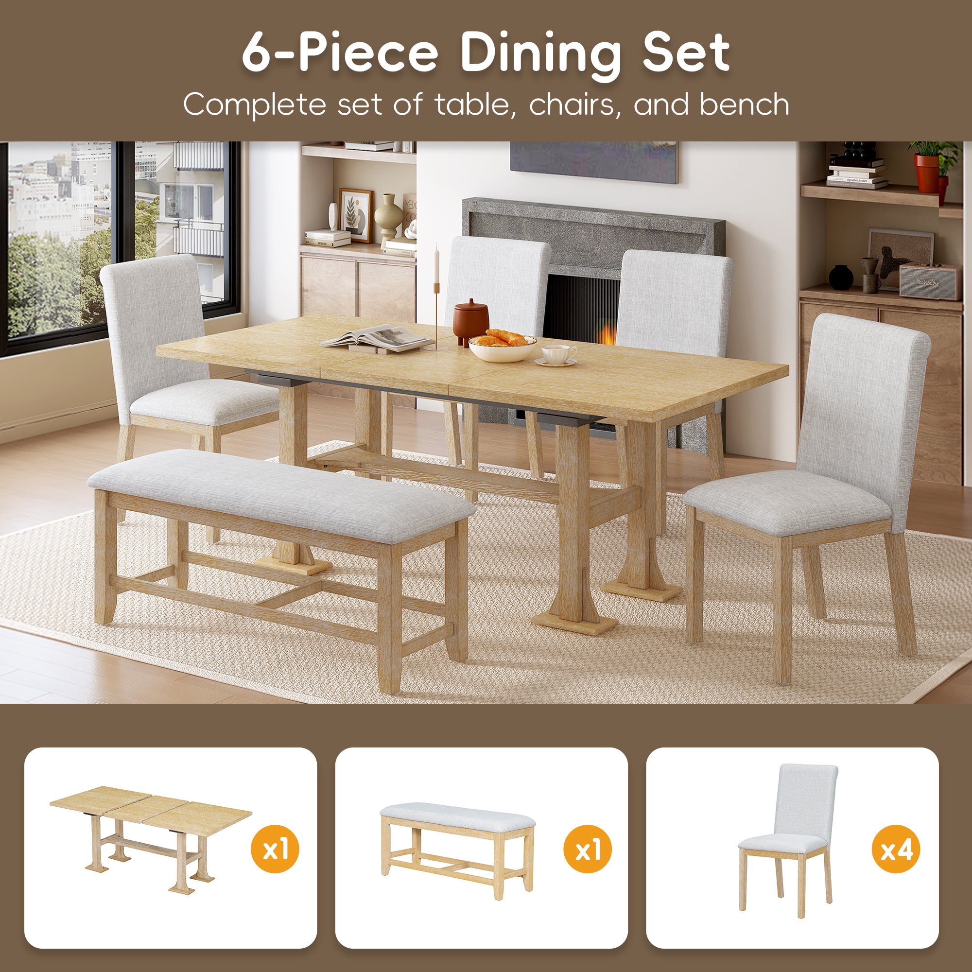 6-Piece Dining Set with Rectangular Extendable Table, Upholstered Dining Bench and 4 Chairs