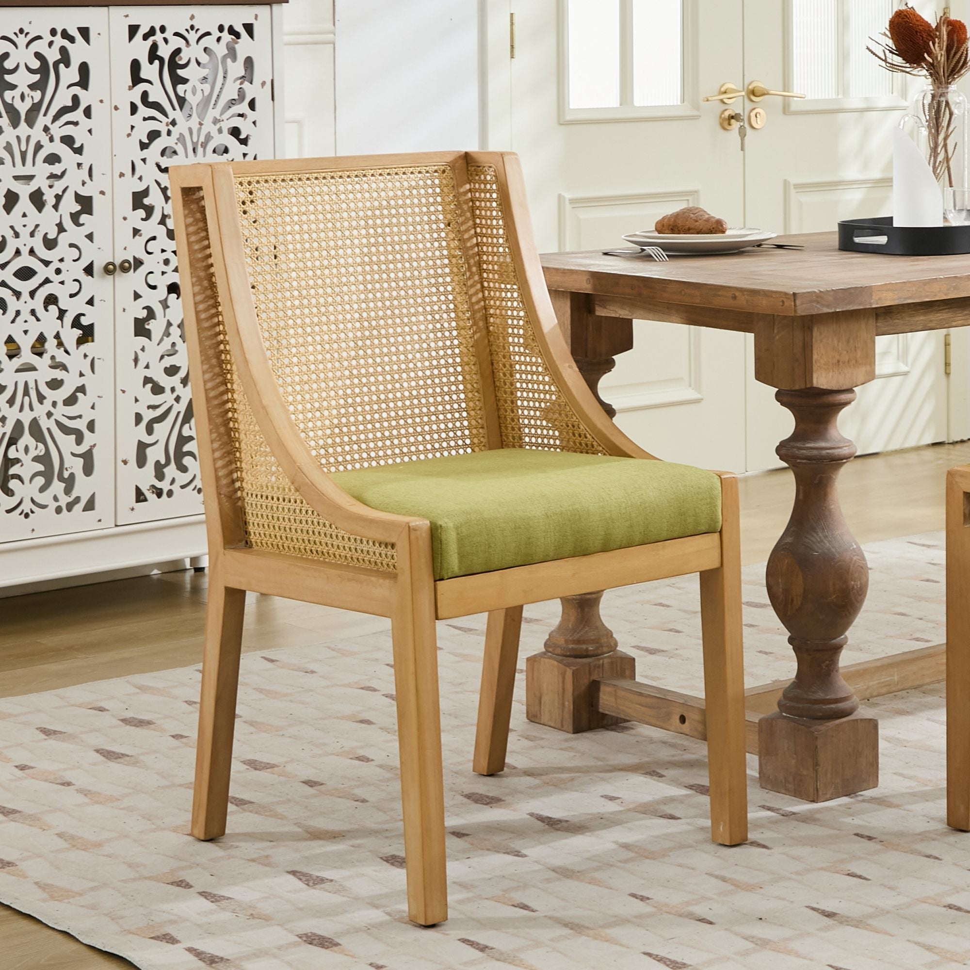 Linen Upholstered Rattan Dining Chair with Decorative Armrests