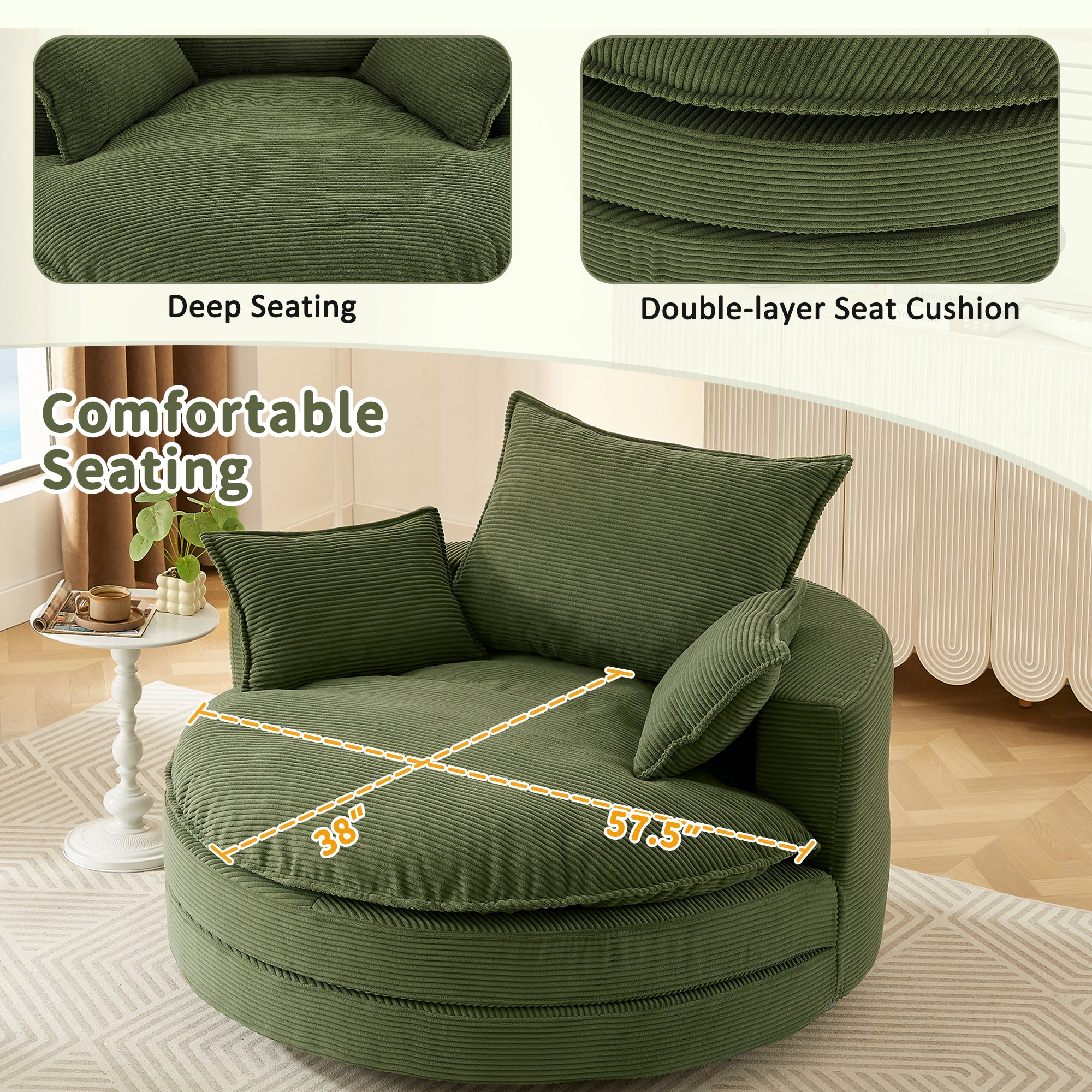 Corduroy 360° Swivel Accent Barrel Chair with 3 Removable Pillows