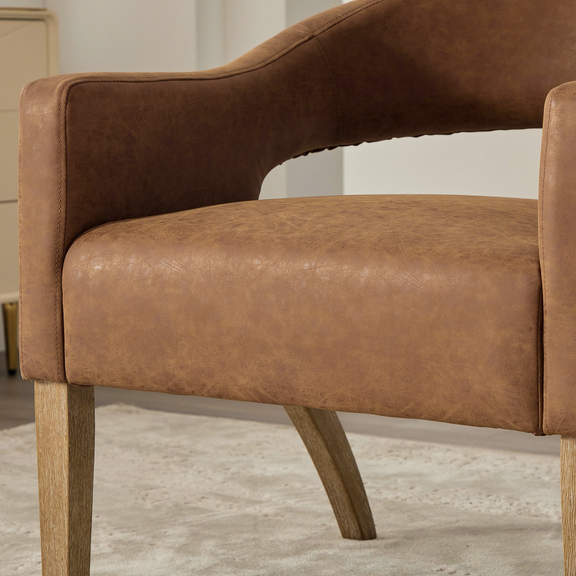 Mid-Century Modern Vegan Leather Open Back Accent Chair with Rubberwood Legs