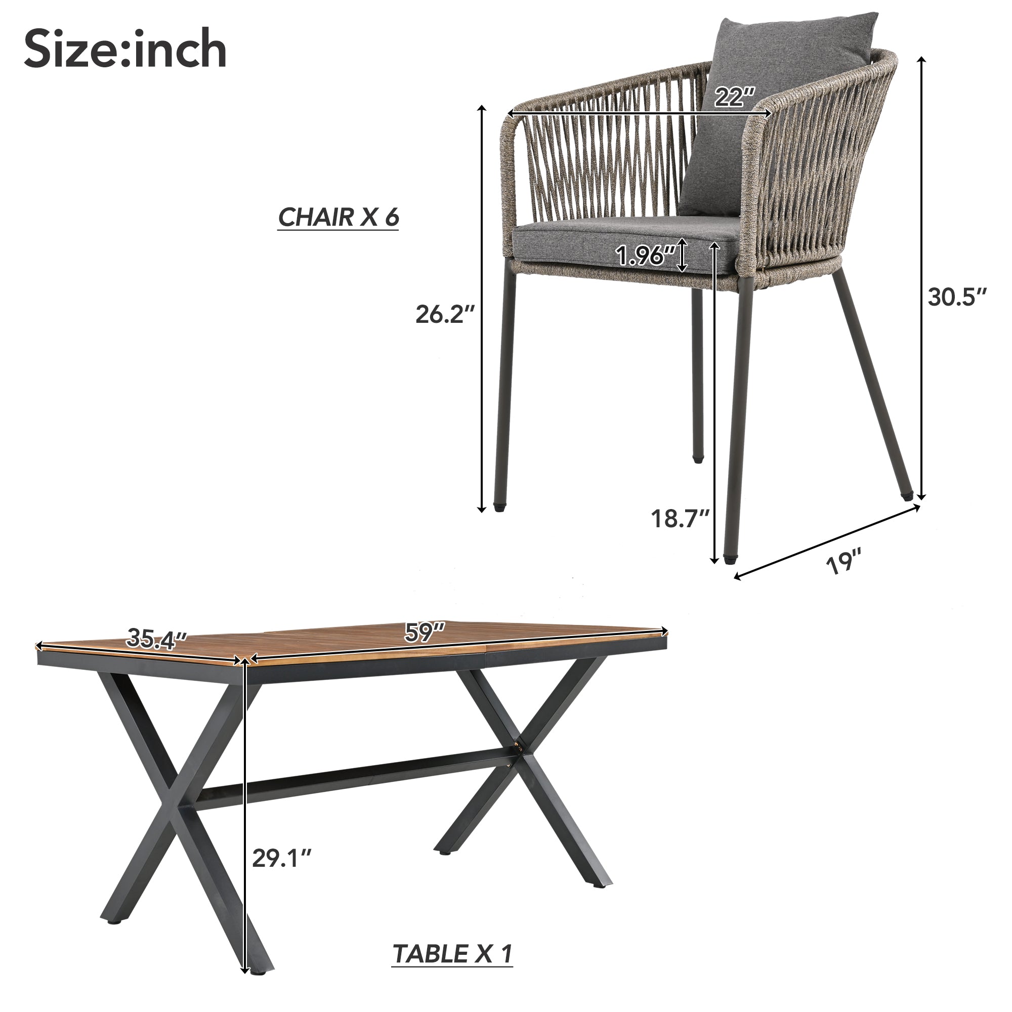 Exalted 7-Piece Outdoor Dining Set with Curved Back Chair and Rectangle Table