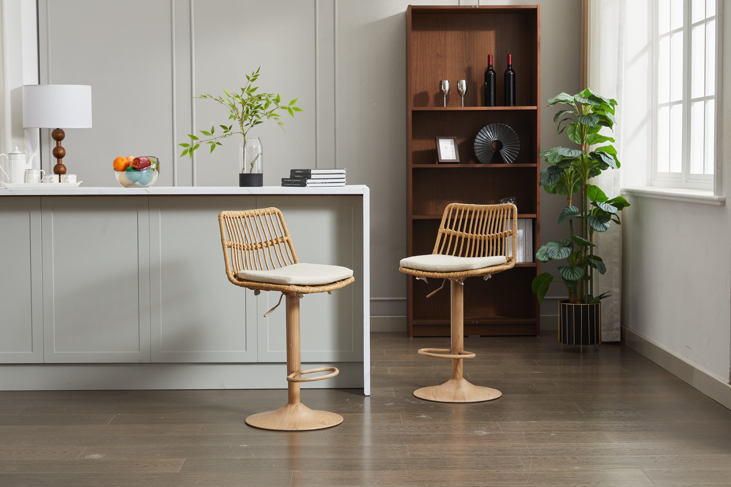 Swivel Bar Stool with Wicker Design and Footrest, Set of 2