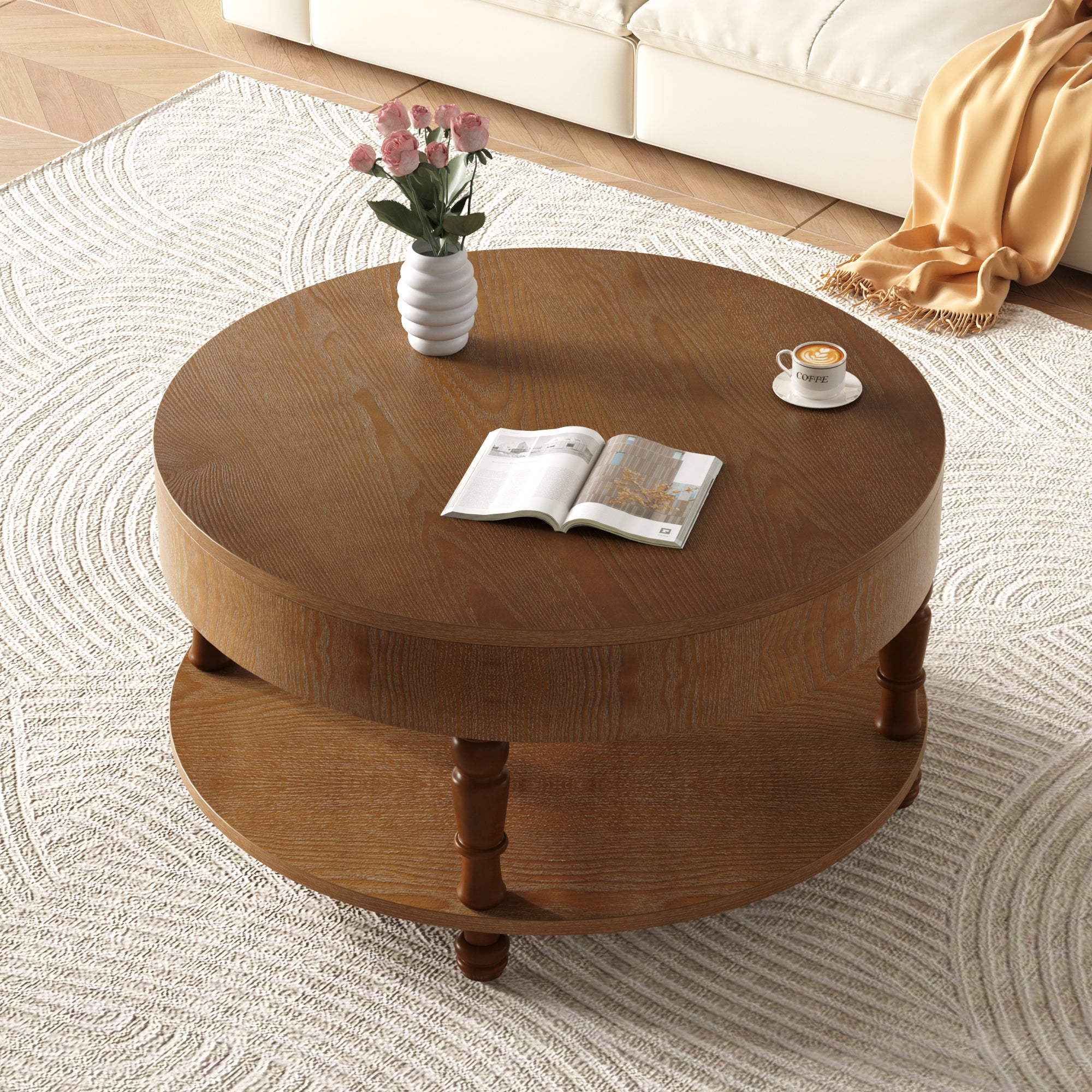 Traditional Round Coffee Table with Storage and Hidden Compartment