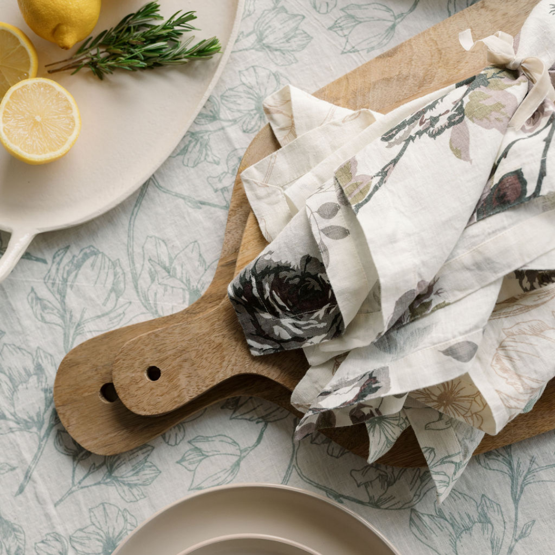 Handcrafted Linen Roses Napkins in Eggplant and Grey, Set of 4