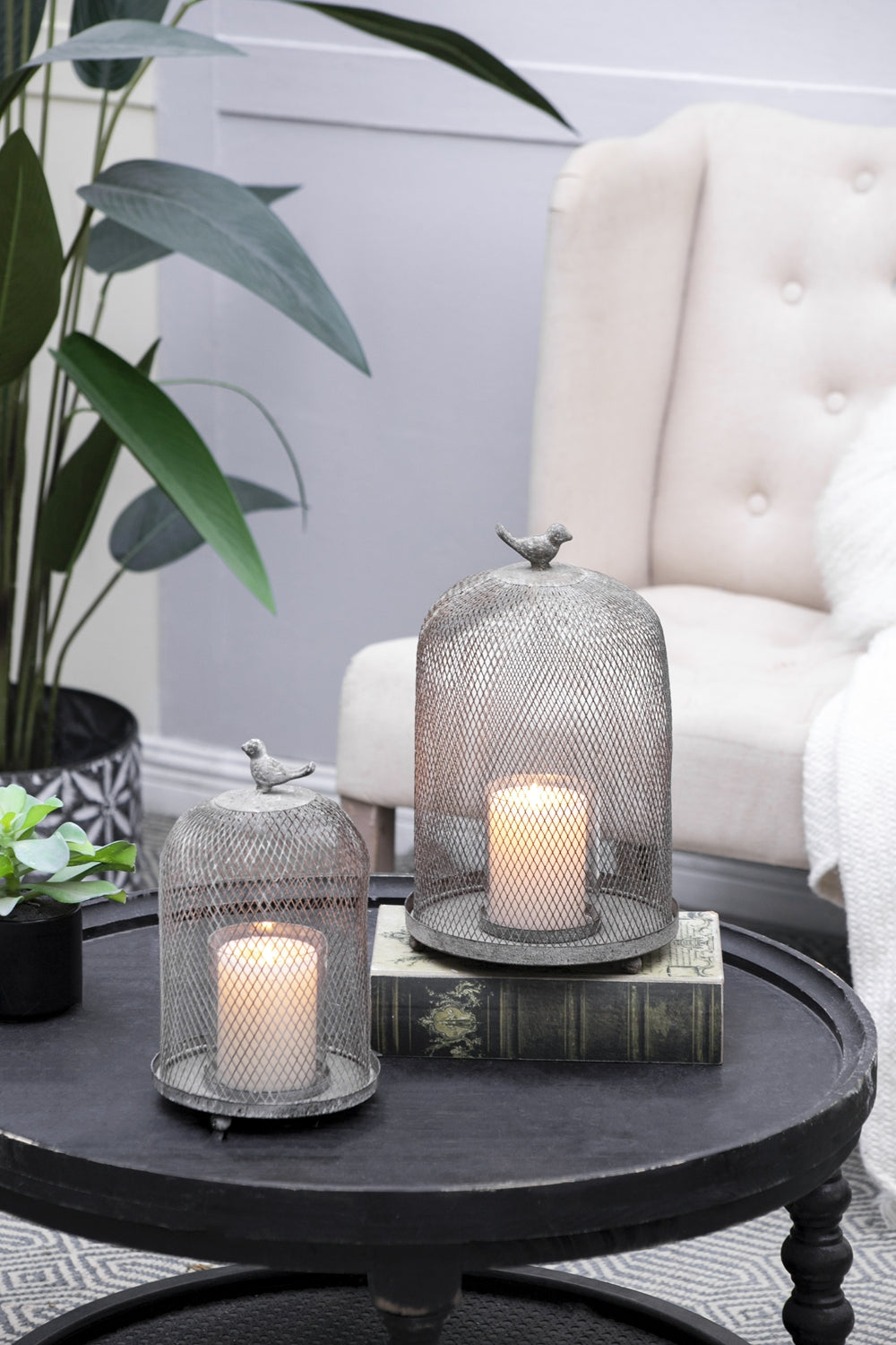 Candle Holder with a Bird Atop Domed Mesh, Set of 2