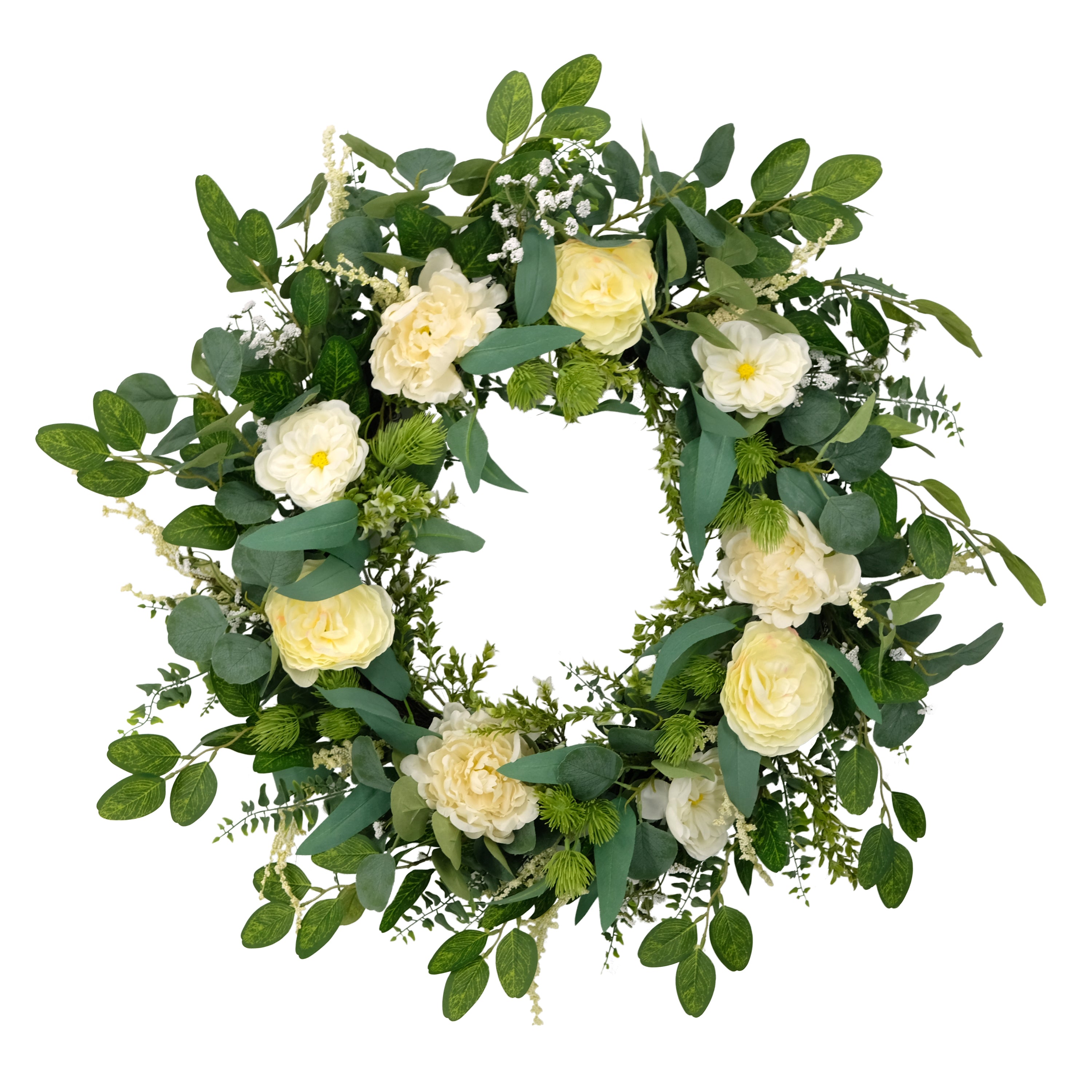 30" Artificial Green and Ivory Eucalyptus Floral Spring Door Wreath