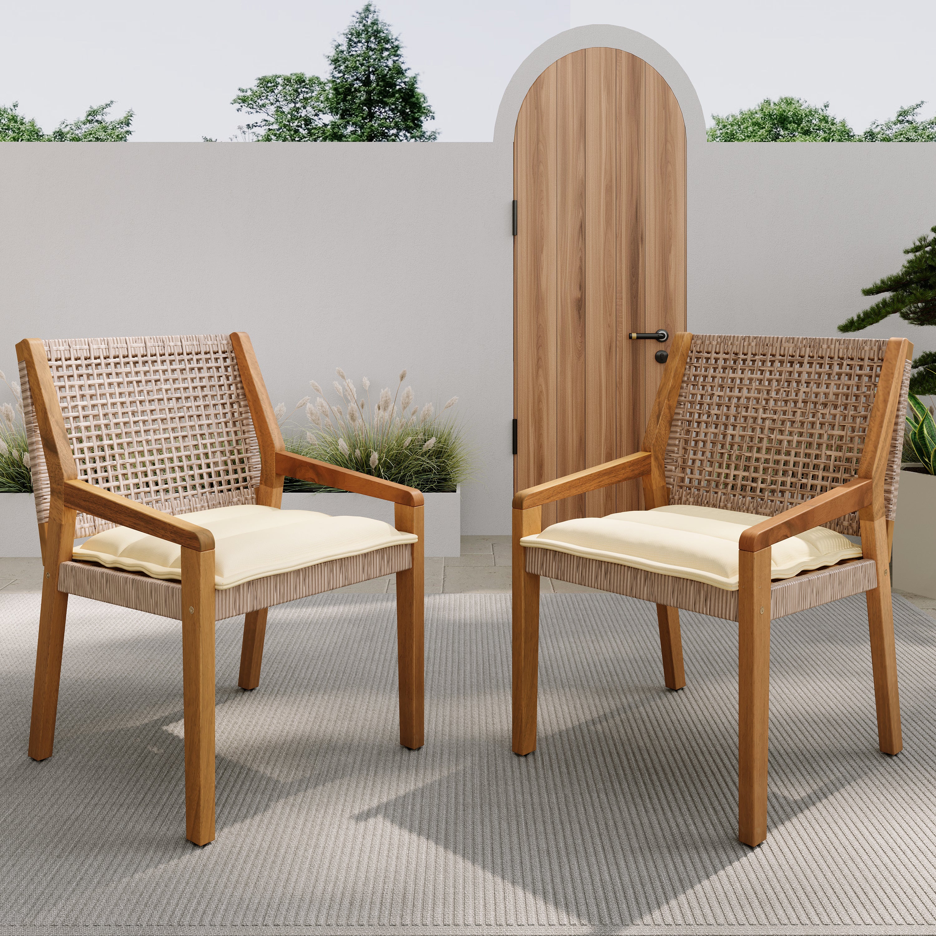 Capri Outdoor Acacia Wood & Wicker Dining Chairs with Cream Cushion, Set of 2