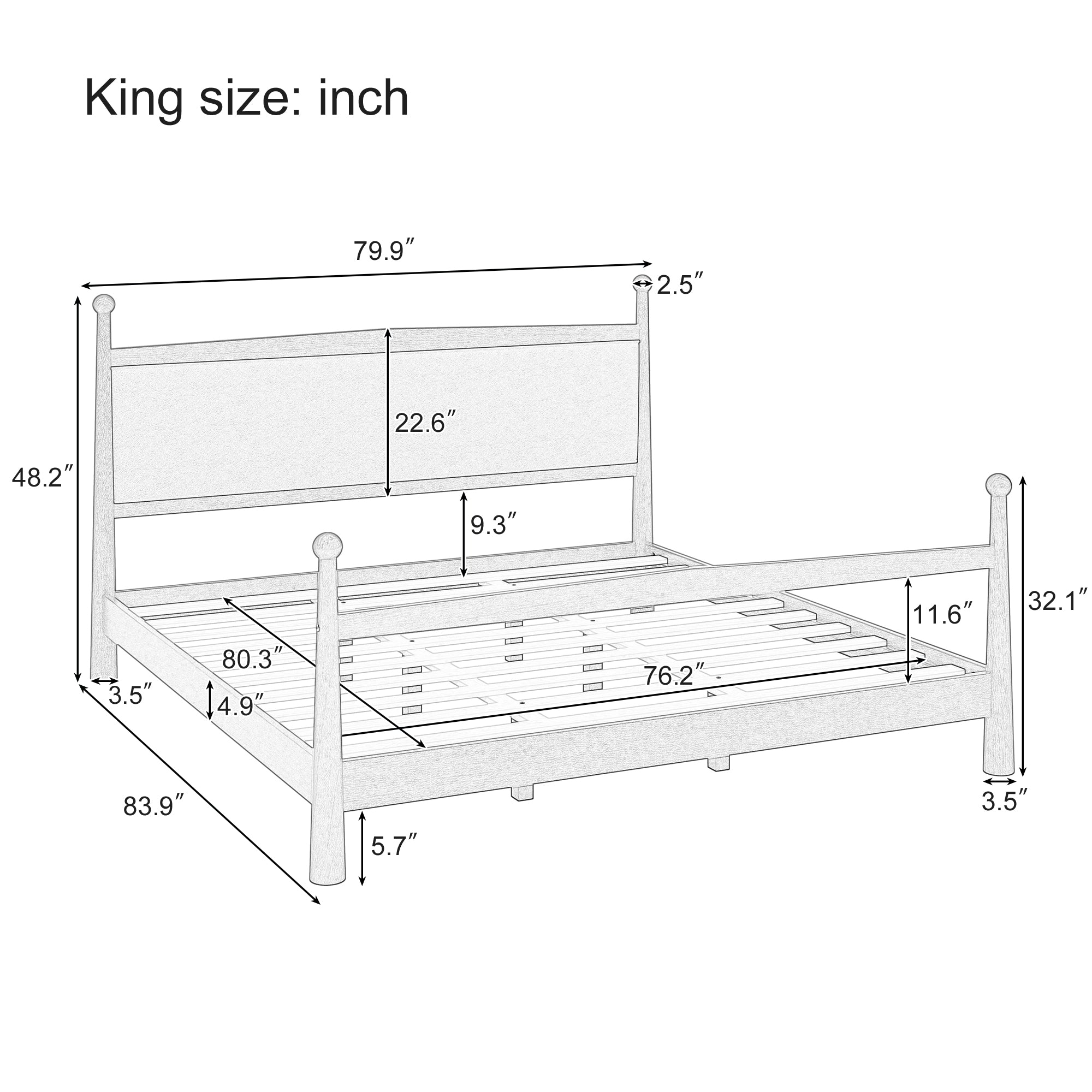 Mid-Century Modern Wood Platform Bed with Upholstered Headboard