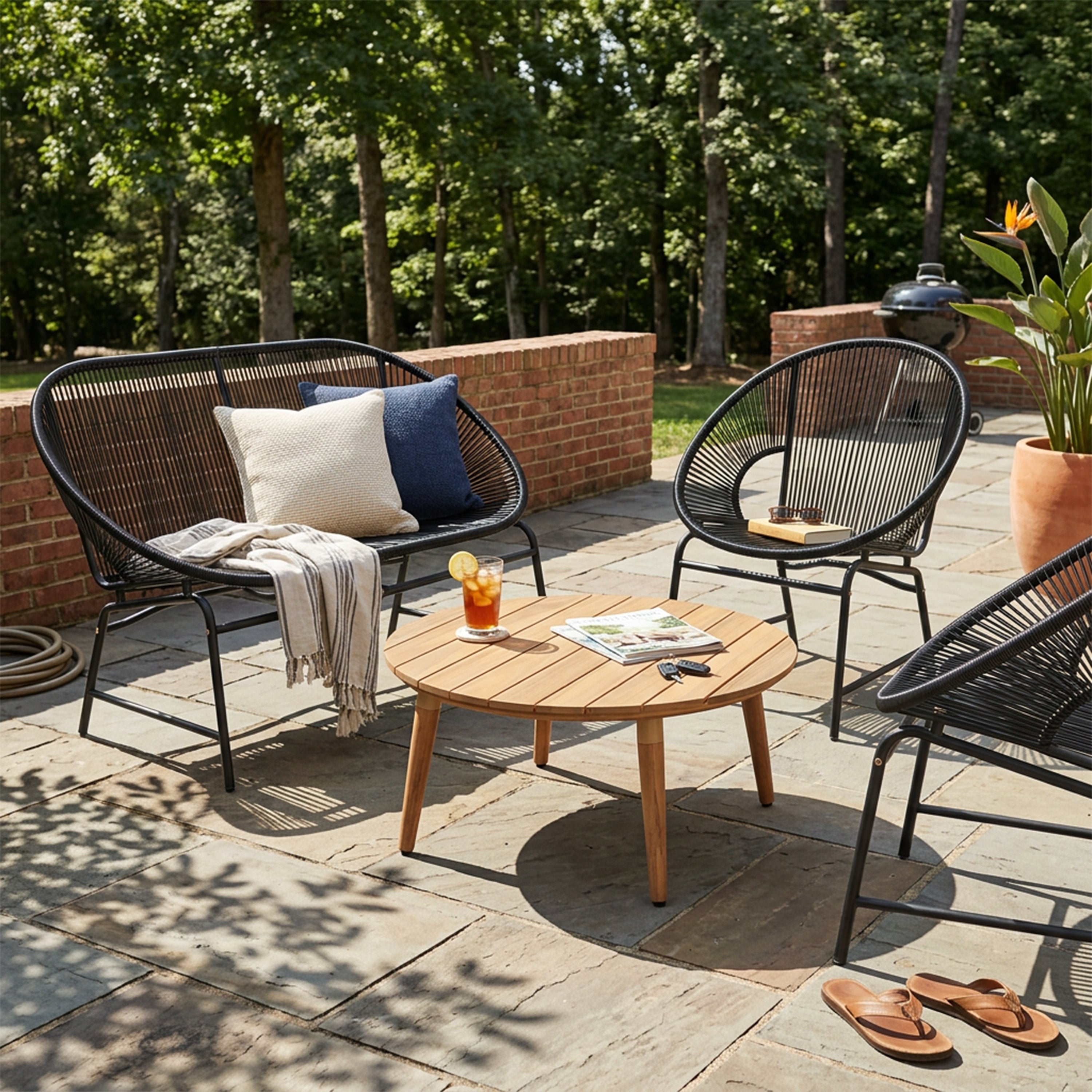 NUSA OUTDOOR PATIO 4-PCS CHAT SET, TEAL PE RATTAN & IRON FRAM FURNITURE, ACACIA WOOD TABLE