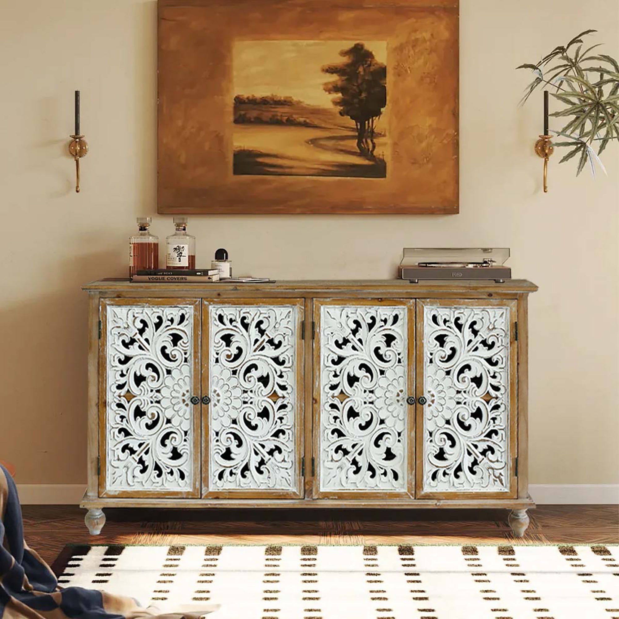 Accent Cabinet with 4 Carved Floral Doors