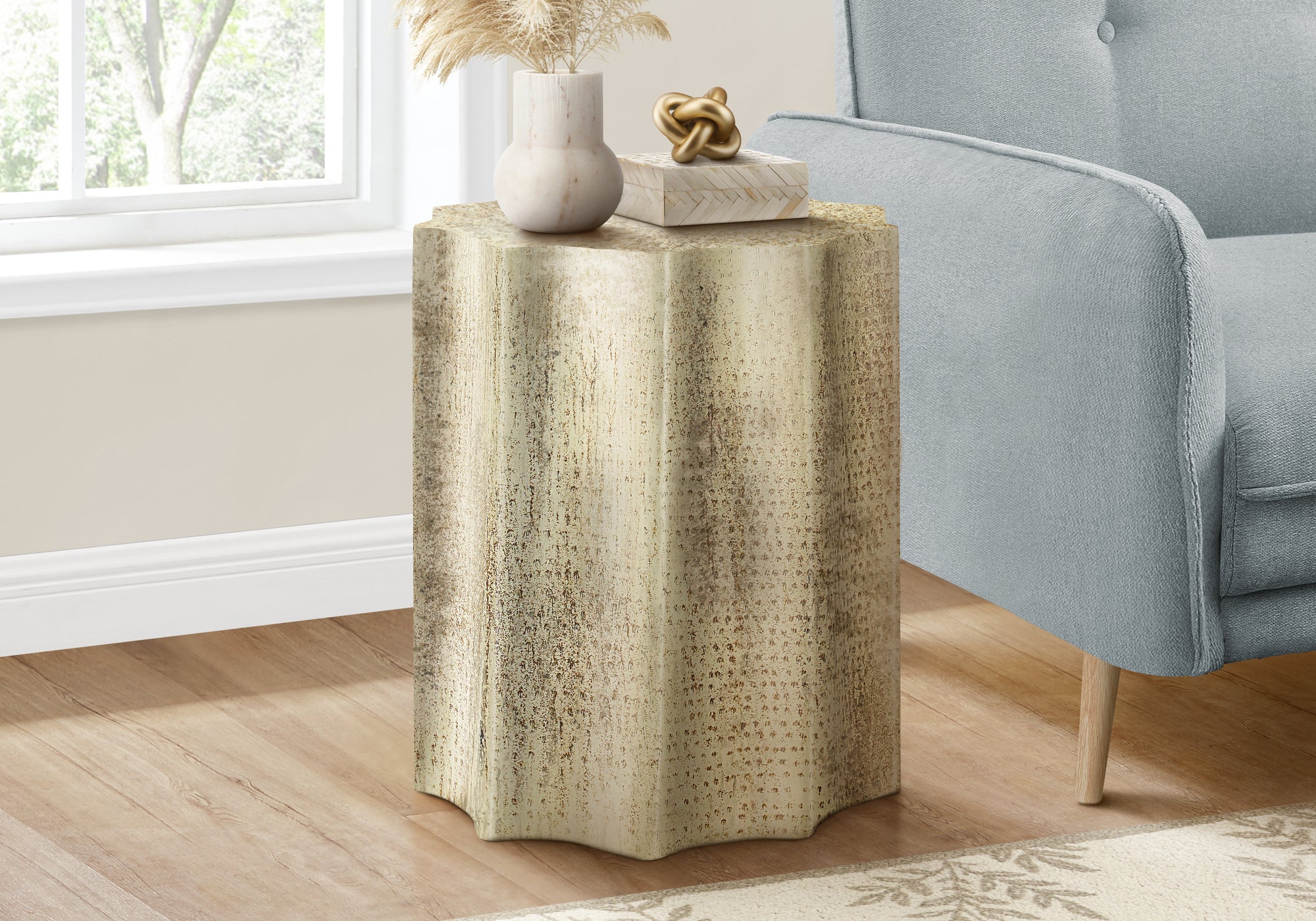 Artifact End Table with Scalloped Design and Hammered Texture