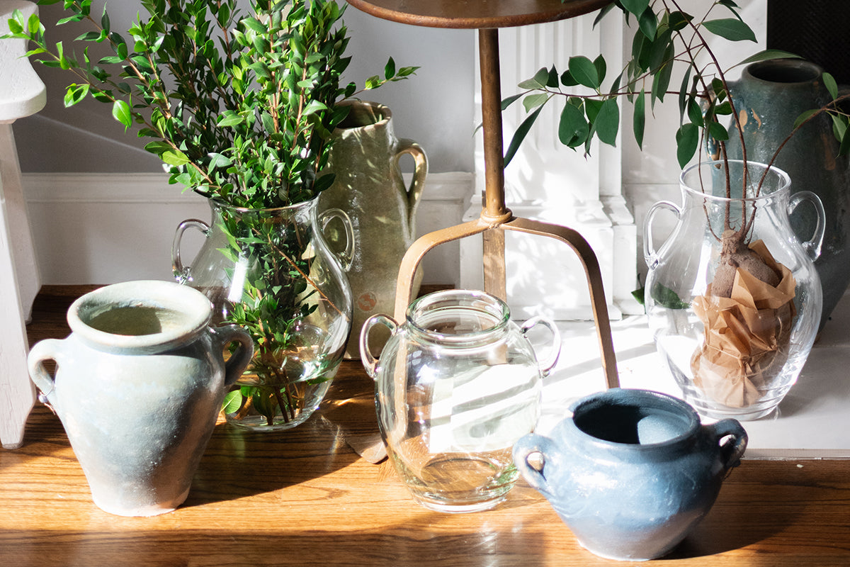 Glass Amphora Flower Vase, Denim Blue