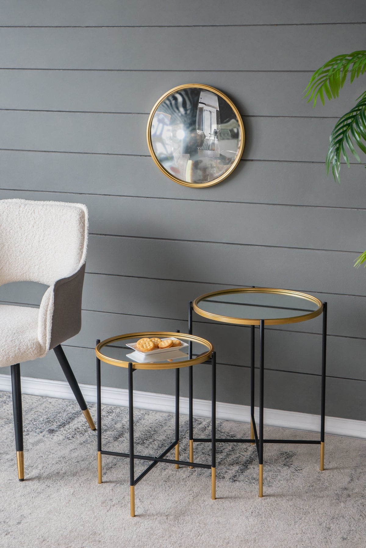 Set of 2 Gold and Black Iron Side Tables with Glass Top
