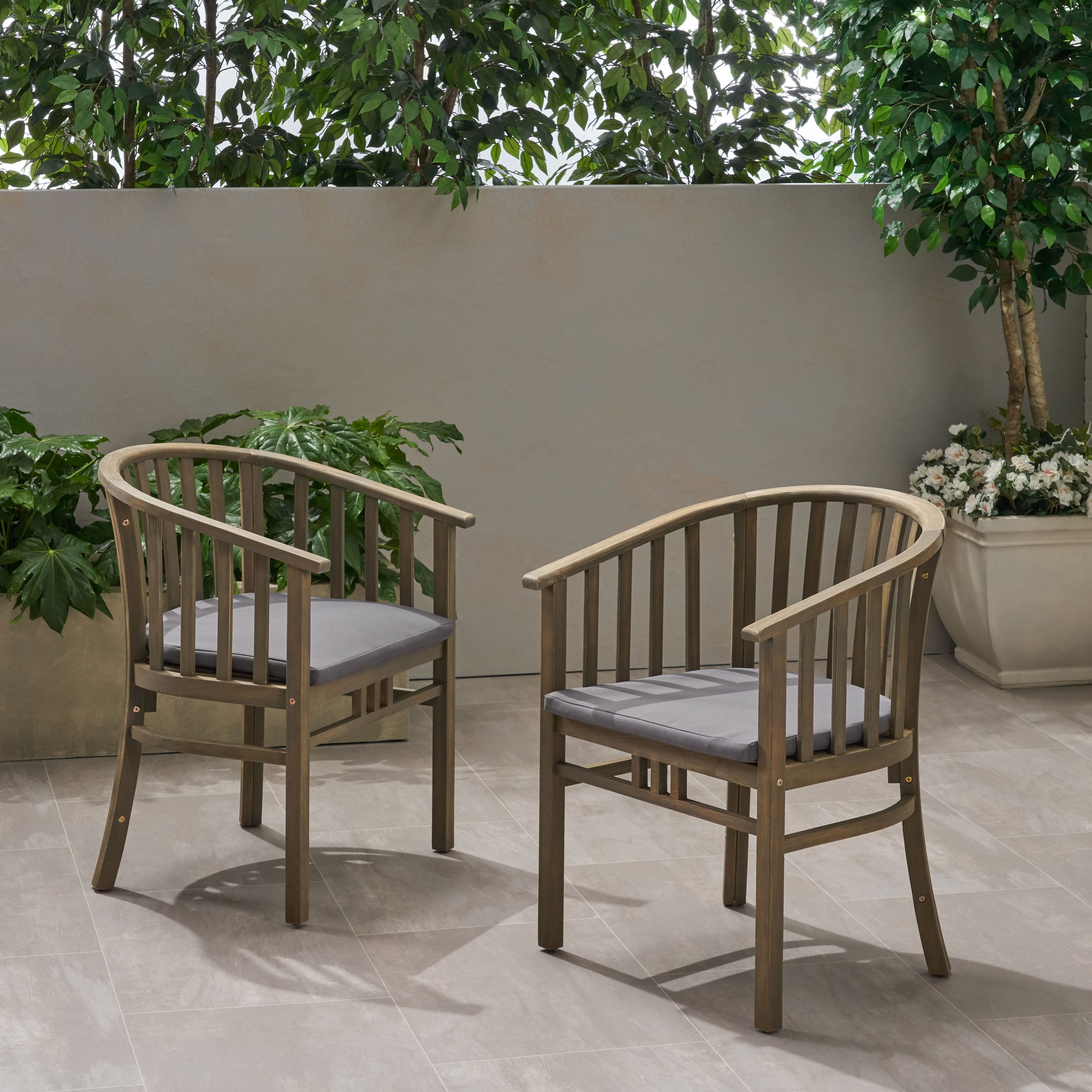 Venerable Outdoor Dining Chair with Slatted Back and Cushion Seat, Set of 2