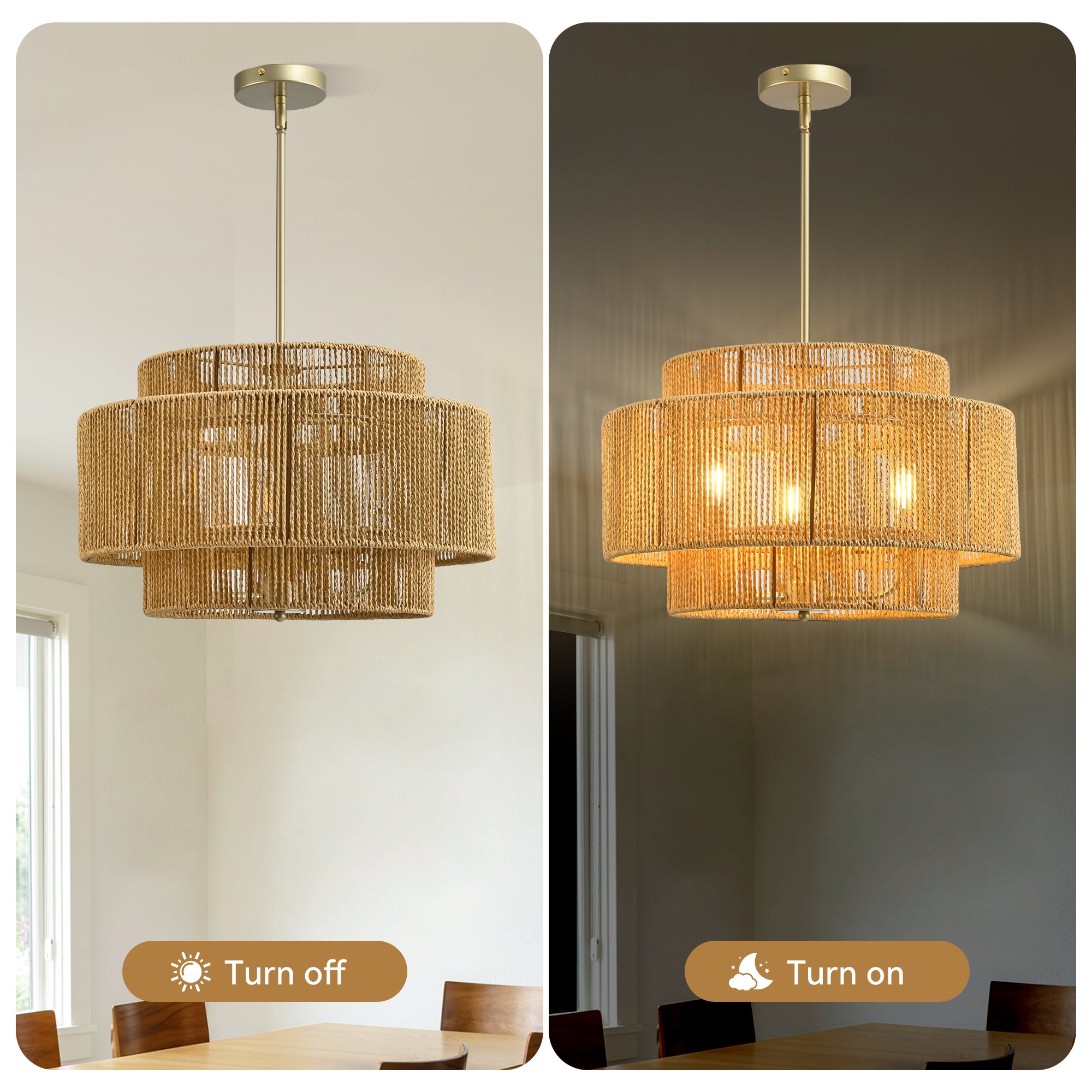 Boho Rattan Chandelier, 3-Light
