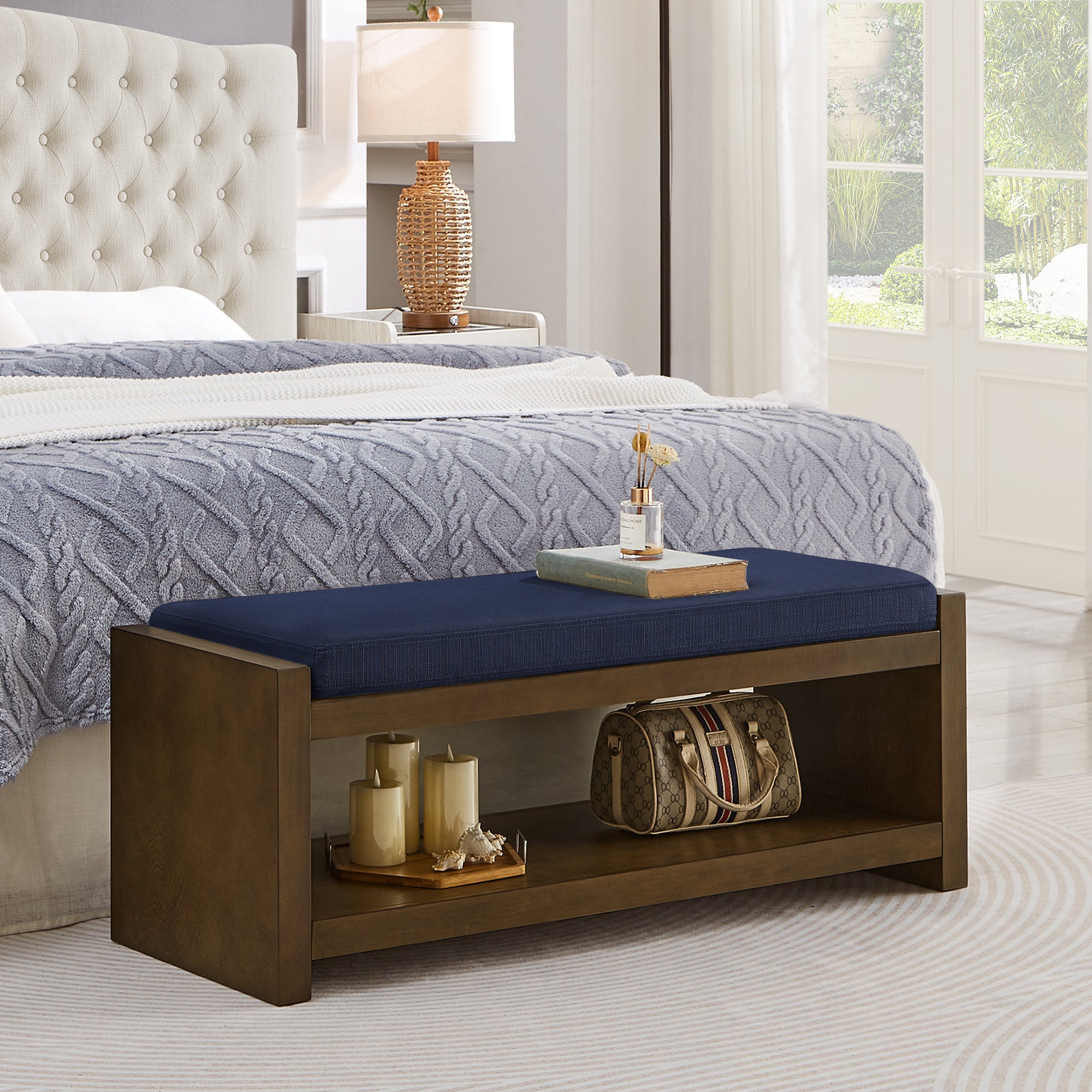 Accent Bench with Lower Shelf Shoe Rack and Padded Seating