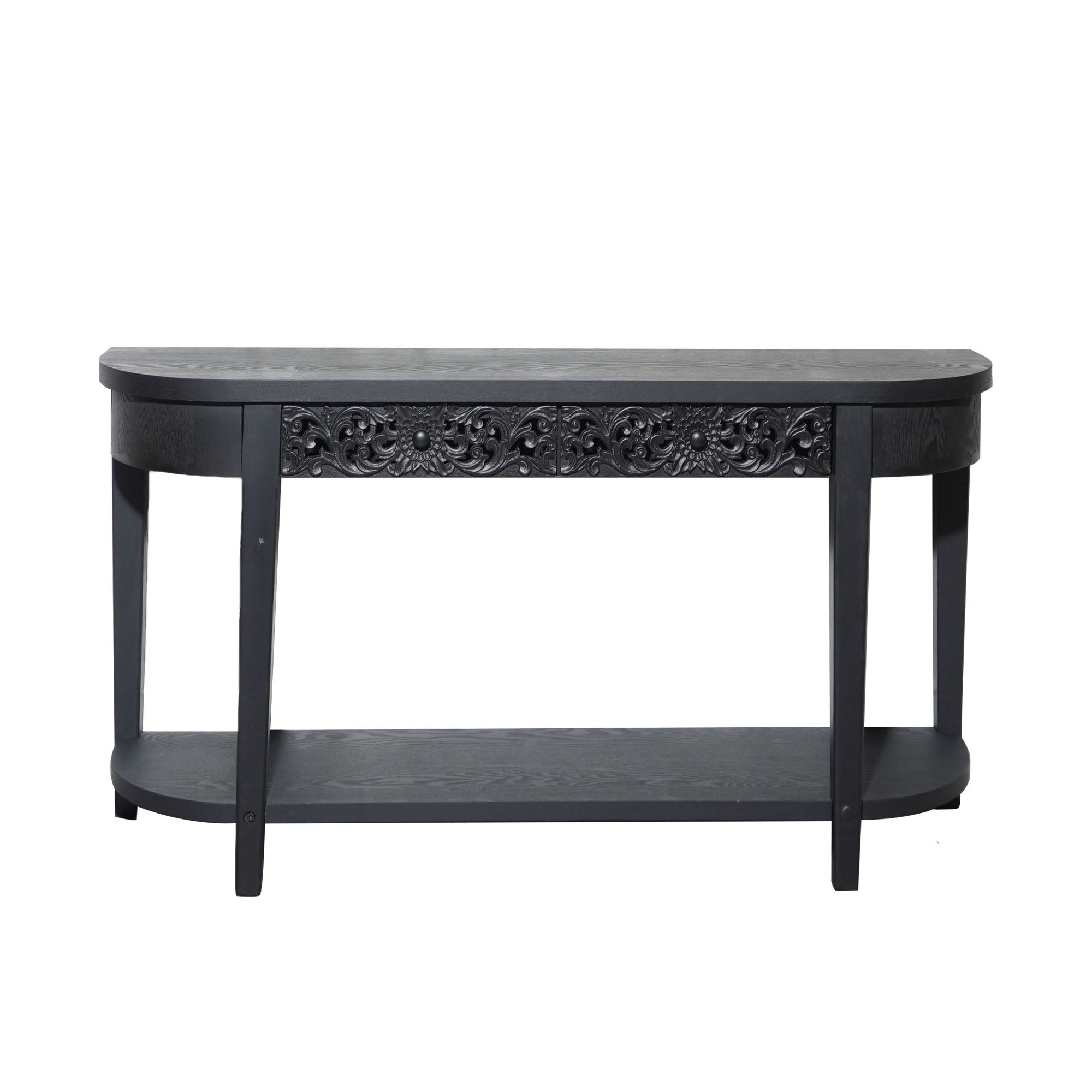 Jawaha Black Carved Wooden Console Table with Lower Storage Shelf